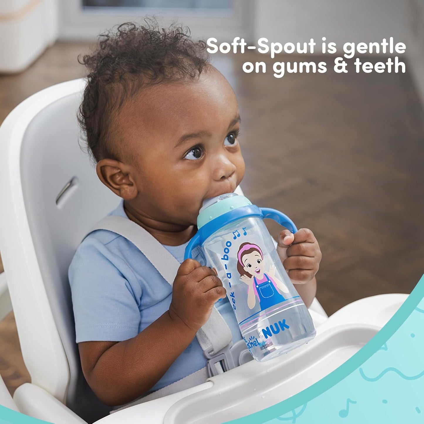 NUK Learner Cup, Ms. Rachel, 10 oz, 8+ Months, 2 pack – Soft Spout, Easy-Grip Handles, BPA Free, Spill Proof Transition Sippy Cup