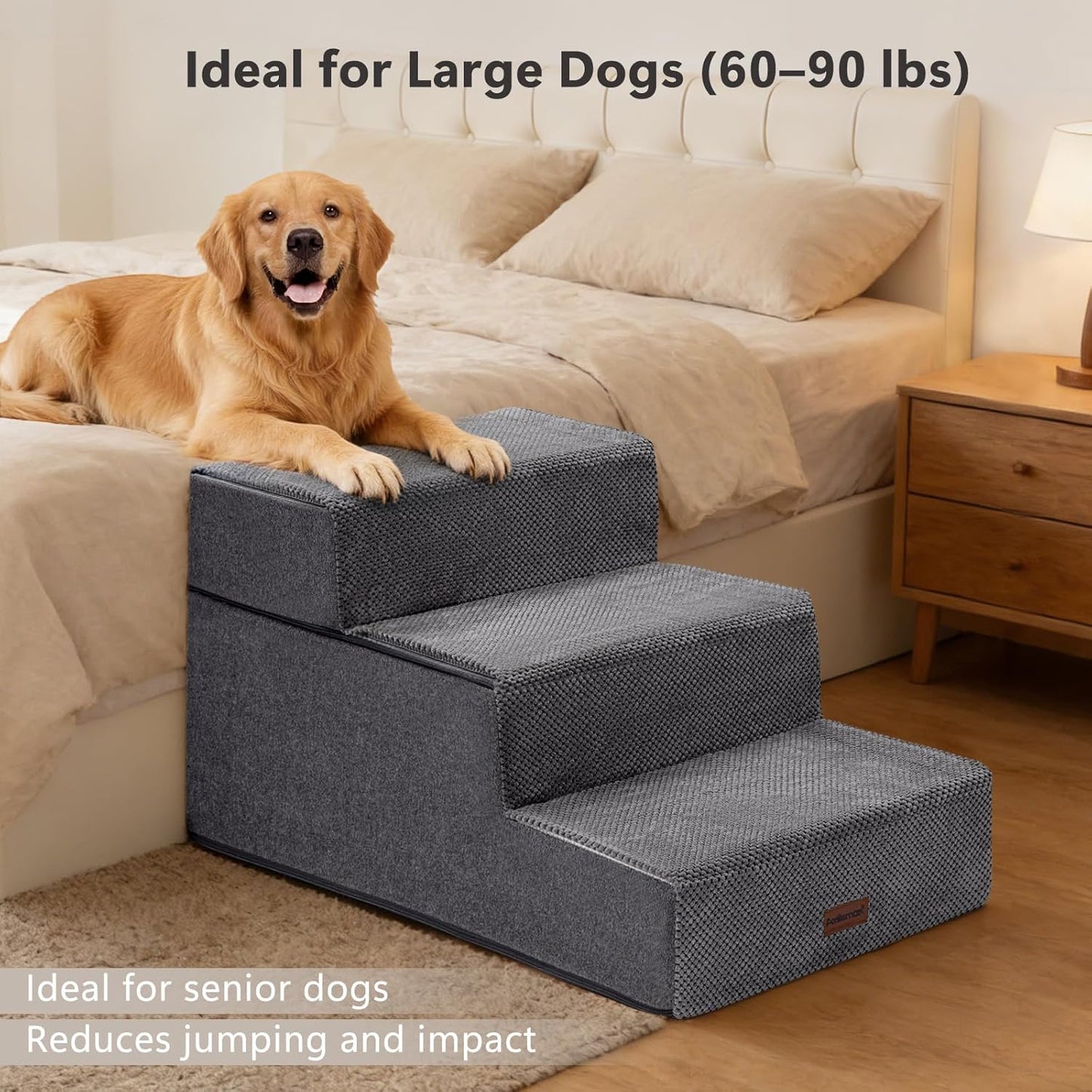 Dog Stairs for Large Dogs 18" H, Extra Wide Dog Steps for High Beds & Couches, 20" Wide Deep Steps, Non-Slip Dogs Ramp, 3-Step Pet Stairs, Grey