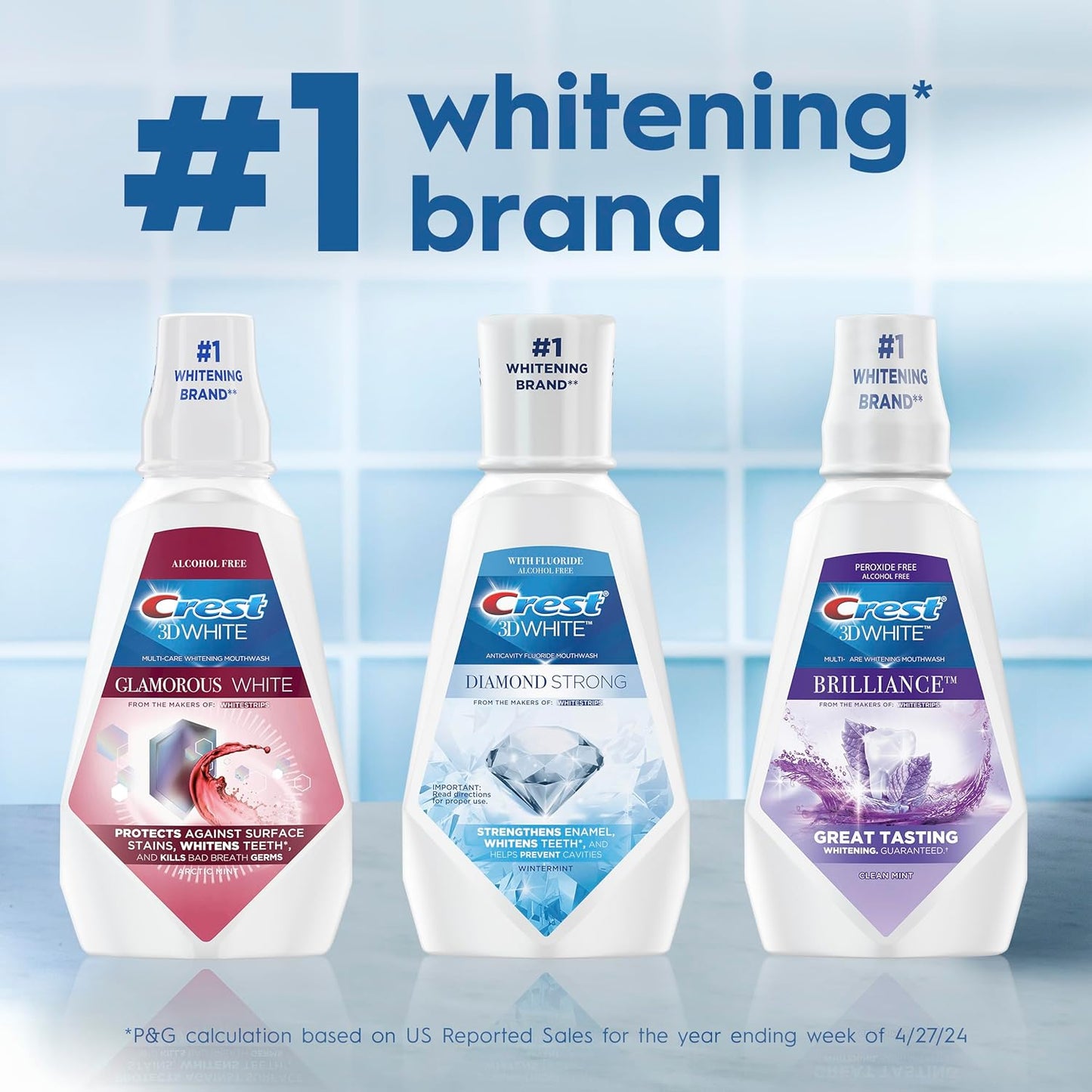 Crest Mouthwash/Mouth Rinse, 3D White Brilliance Whitening, Alcohol Free, Clean Mint, 2x1L (33.8 fl oz)