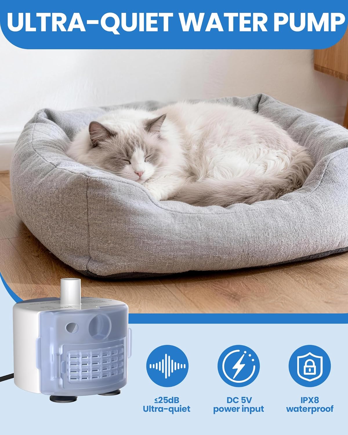 Tomxcute Official Replacement Pump for Cat Water Fountain, Easy-to-Clean Fully Detachable Pump Helps Prevent Clogs, Whisper-Quiet (<20dB), 5V USB Low Voltage (Adapter Not Included)