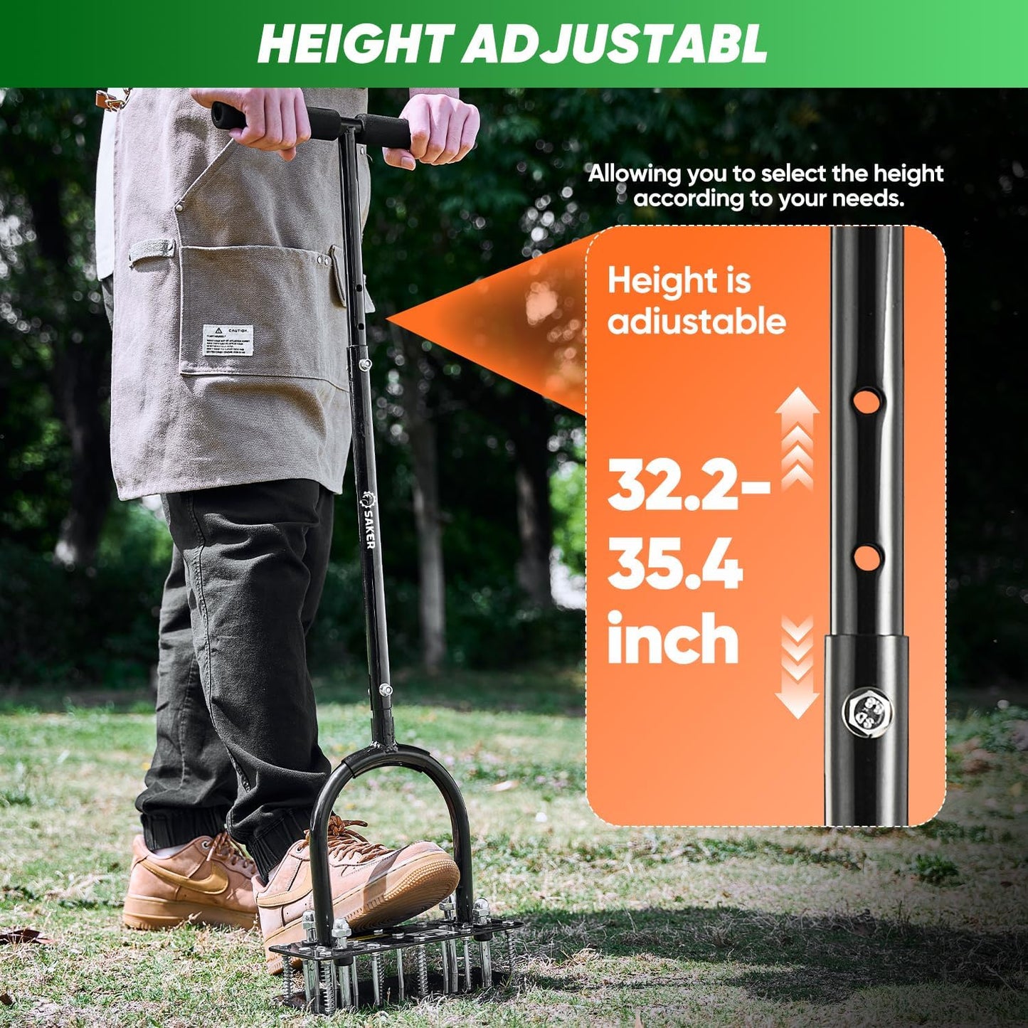 Saker Manual Lawn Aerator Tool with 15 Iron Spikes Adjustable Height, Double-Layer Spring, Heavy-Duty Iron Lawn Aerator Tool with Gloves for Loosening Soil Aerating Patio, Yard, Garden Black