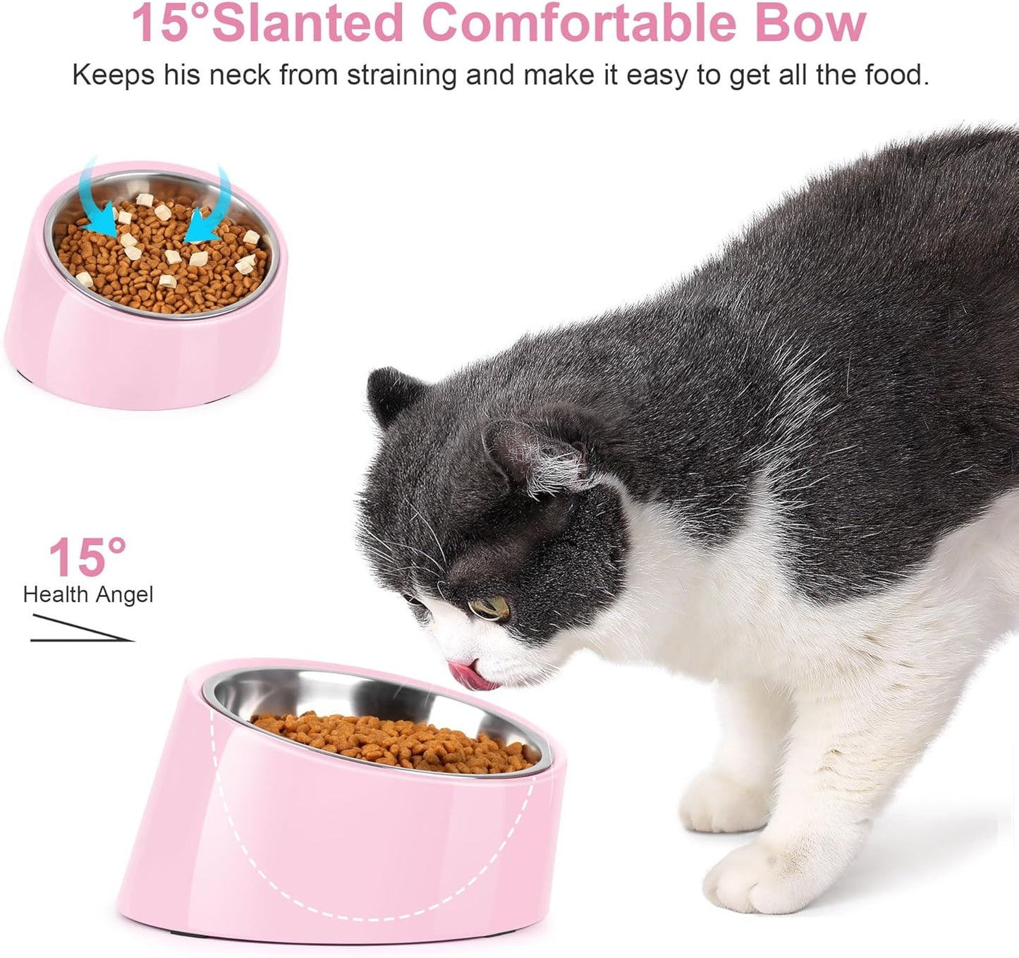 Tilted Dog Bowl Non-Slip & Non-Spill Pet Feeder with Elevated Detachable Melamine Stand, Easy to Get Food Dog Dish, M/180ml Pink