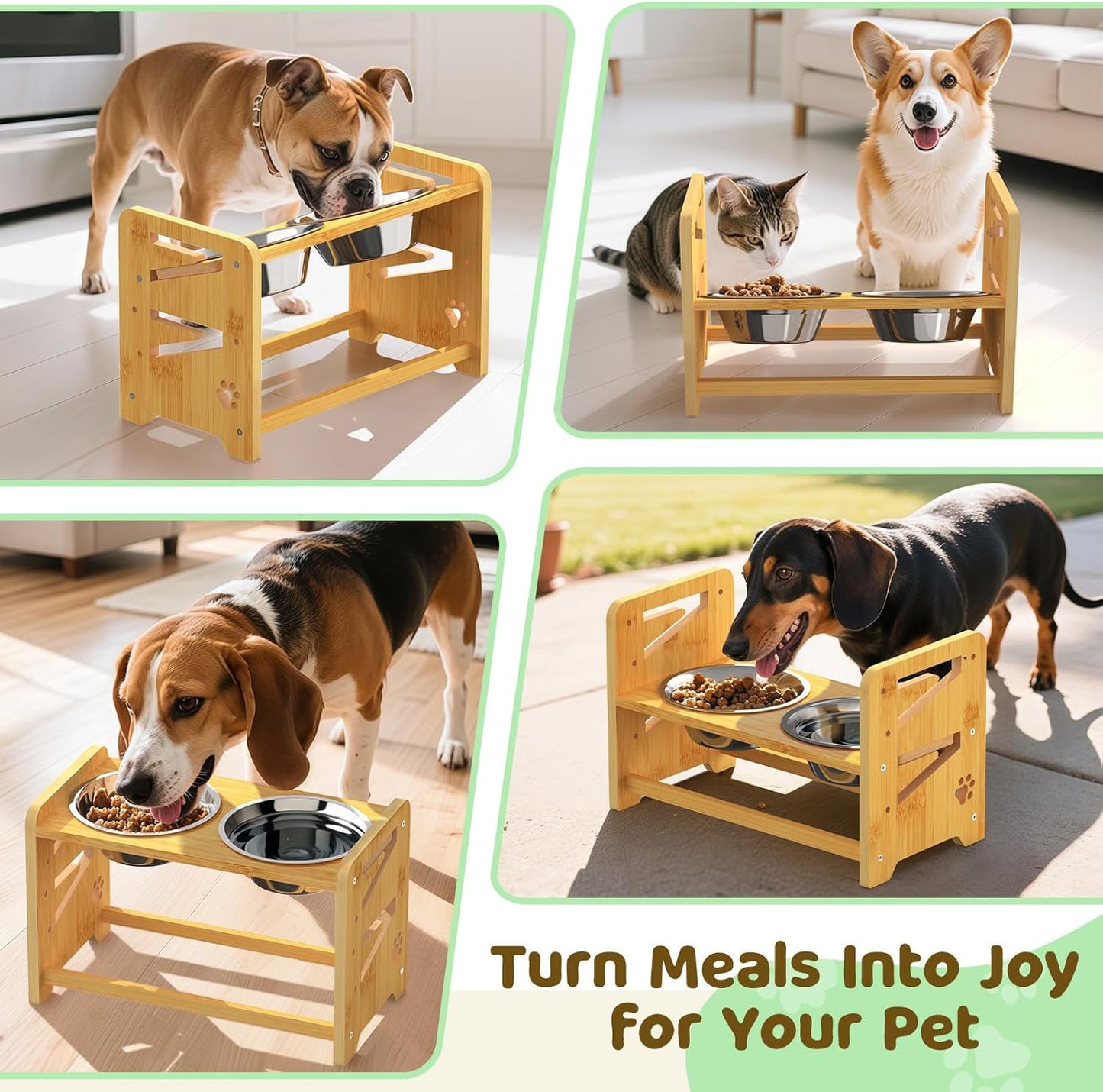 Elevated Dog Bowls, Adjustable Raised Dog Bowl Stand for Medium and Small Pet, 11" High Bamboo Pet Food Feeder with 2 Stainless Steel Dishes（4 Heights）