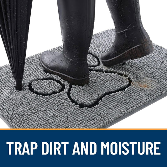 OLANLY Dog Door Mat for Muddy Paws 30x20, Paw Print Design, Absorbs Moisture and Dirt, Absorbent Non-Slip Washable Doormat, Quick Dry Chenille Mud Mat for Dogs, Entry Indoor Entryway Carpet, Grey