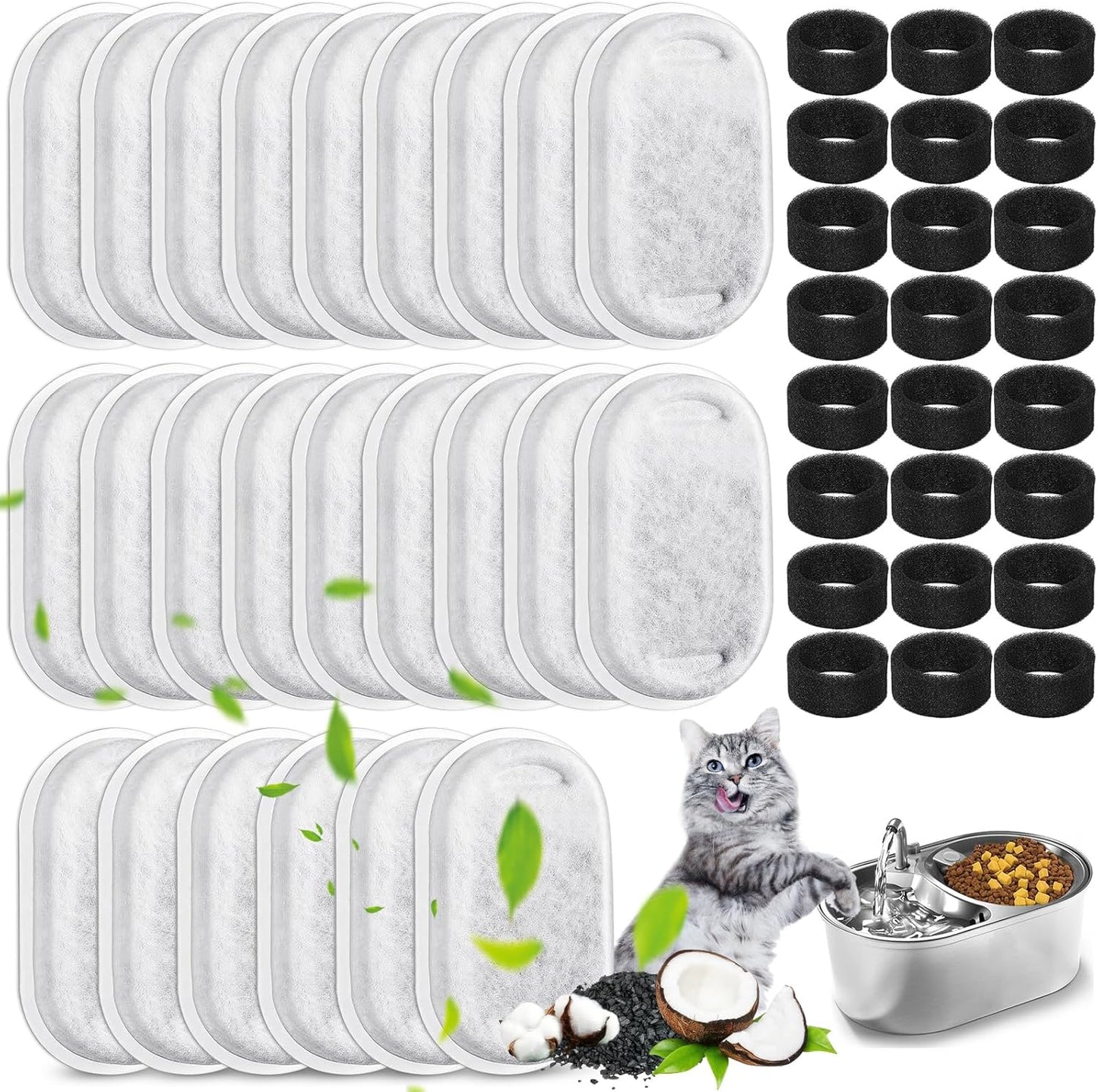 Yizhet 48 Pack Cat Water Fountain Filters, Replacements for 12-24 Months, with 67oz/2L & 108oz/3.2L & 135oz/4.0L Stainless Steel Pet Fountains (24 Filter& 24 Sponges)