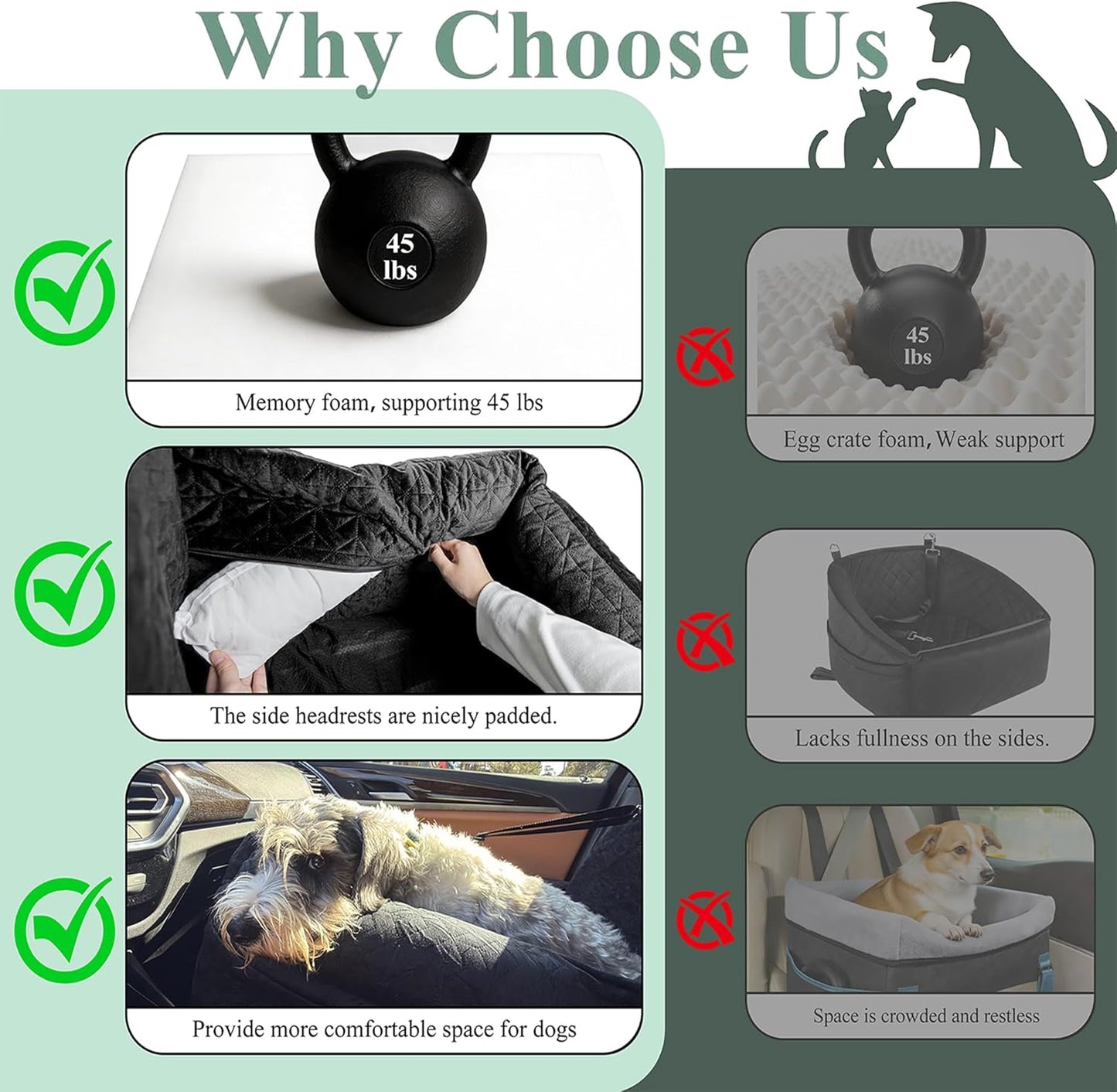 Dog Booster Car Seat for Small/Medium Dogs, VIVASNIFF 6 Inches Memory Foam Elevated Dog Pet Car Bed up to 45 lbs with 2 Safety Belts, Leakproof, Detachable and Washable (Black).