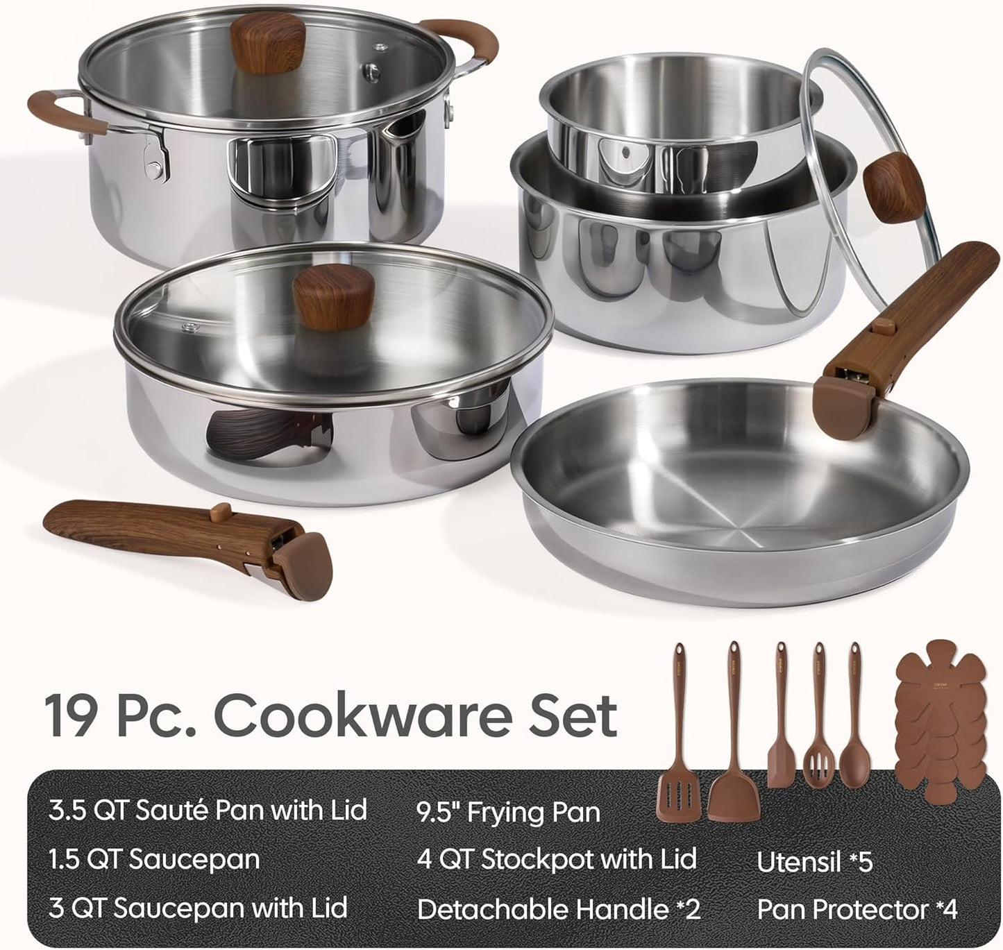 CAROTE 19pcs Stainless Steel Cookware Set with Detachable Handle, Pots and Pans Set, Induction Kitchen Cooking Sets, RV/Camping Cookware, Removable Handle, Oven Safe, Woodgrain