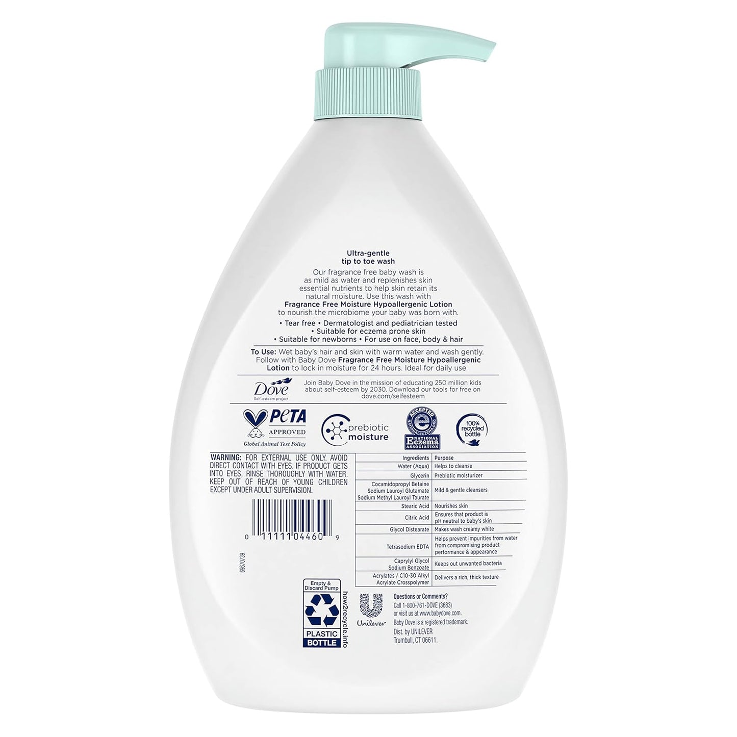 Baby Dove Sensitive Skin Care Baby Wash Fragrance Free Moisture For Baby Bath Time Fragrance Free and Hypoallergenic, Washes Away Bacteria 34 oz (Pack of 1)