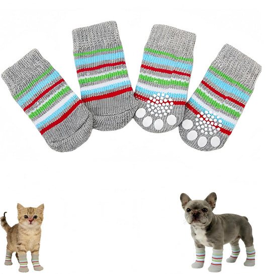 Comfortable Anti-Slip Pet Socks, Pet Foot Covers (4 Pcs) for Cats & Dogs, Breathable Cute Pet Paw Protectors for Indoor & Outdoor Use(Grey-Stripes, M)
