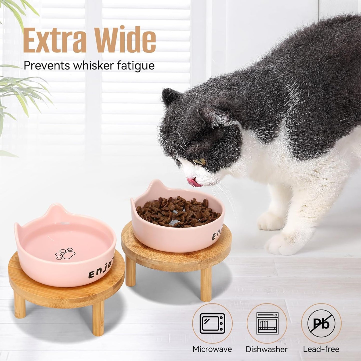 3PCS Elevated Cat Bowls,Wide Raised Ceramic Pet Dishes with Bamboo Stand, Whisker Friendly Pet Water or Food Plates Feeding Station for Indoor Small Dogs, Kitten (Pink(3PCS))