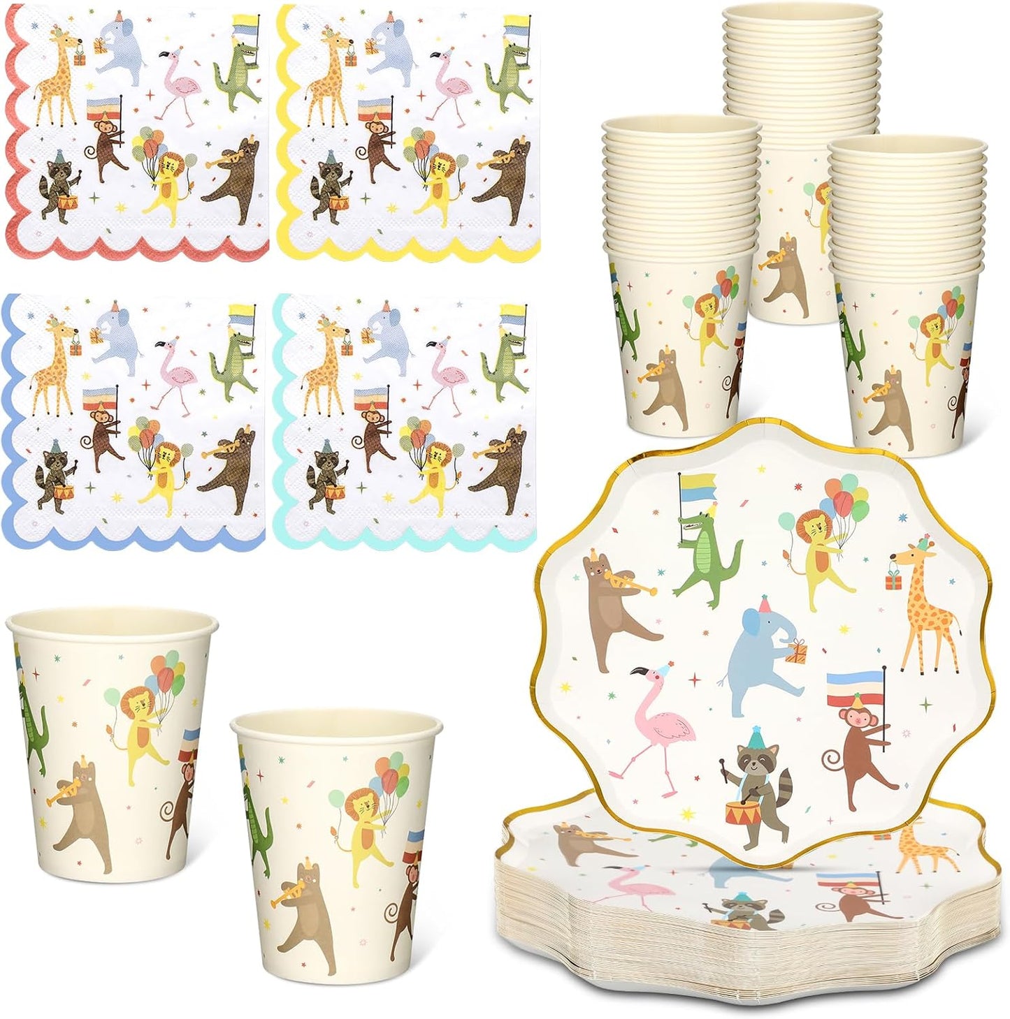 150 Pcs Animal Parade Party Supplies Paper Plates and Napkins Cups Cute Disposable Animal Parade Tableware Set for Birthday Party Decorations, Serve 50 Guests