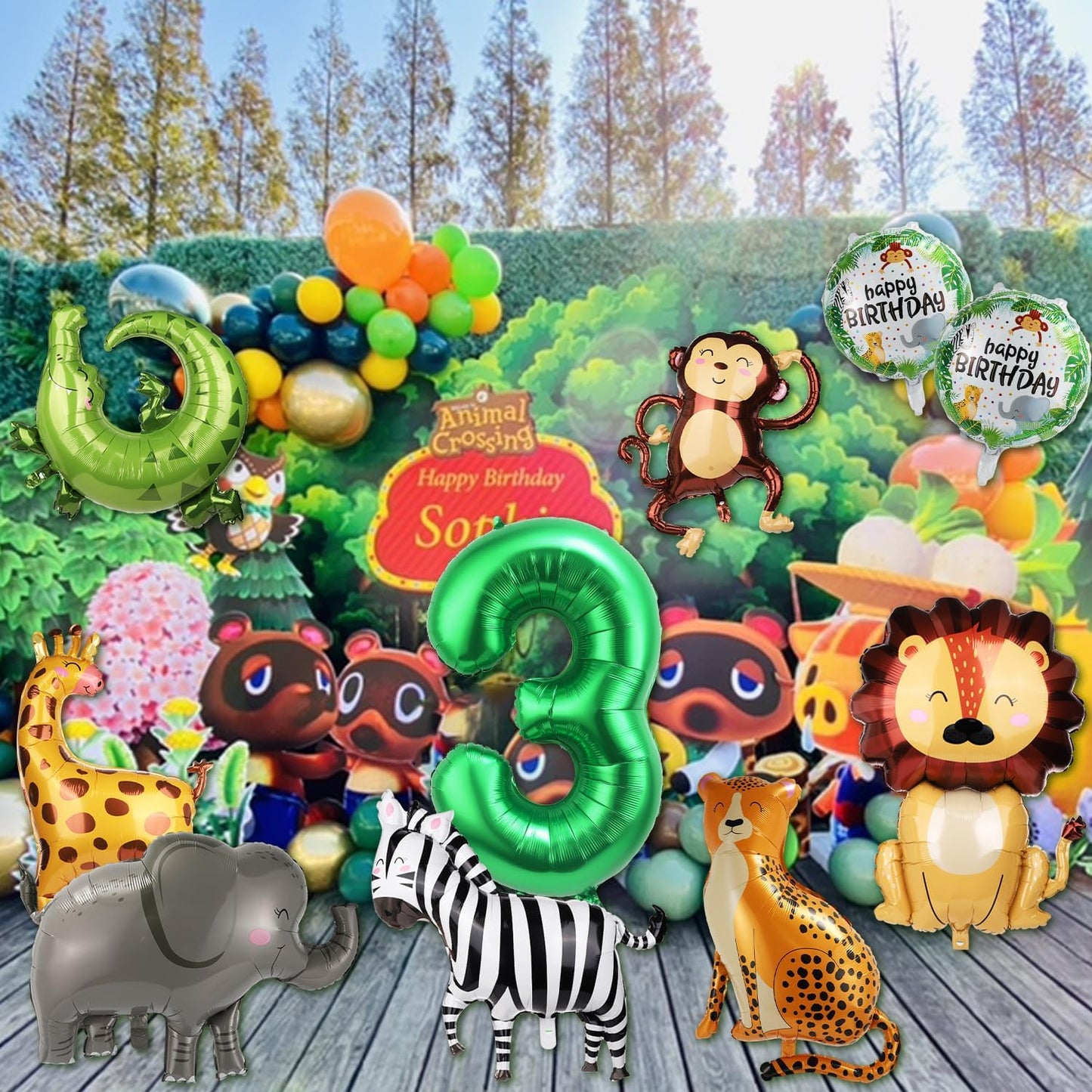 10pcs Jungle Safari Animal Balloons, Cute Jungle Theme Zoo Party Supplies Monkey Elephant Zebra Leopard Crocodile Giraffe Shaped for Birthday Party Decor (Number 3)
