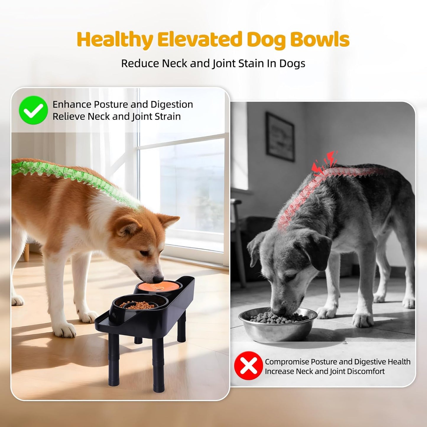 Dog Food Bowls Elevated, 3 Heights ((0.9''/4.7''/8.45'') Adjustable Raised Dog Bowl Stand with 16.73''W Splash Guard & Non-Skid Feet for Small Medium Large Dogs, No Bowl Included