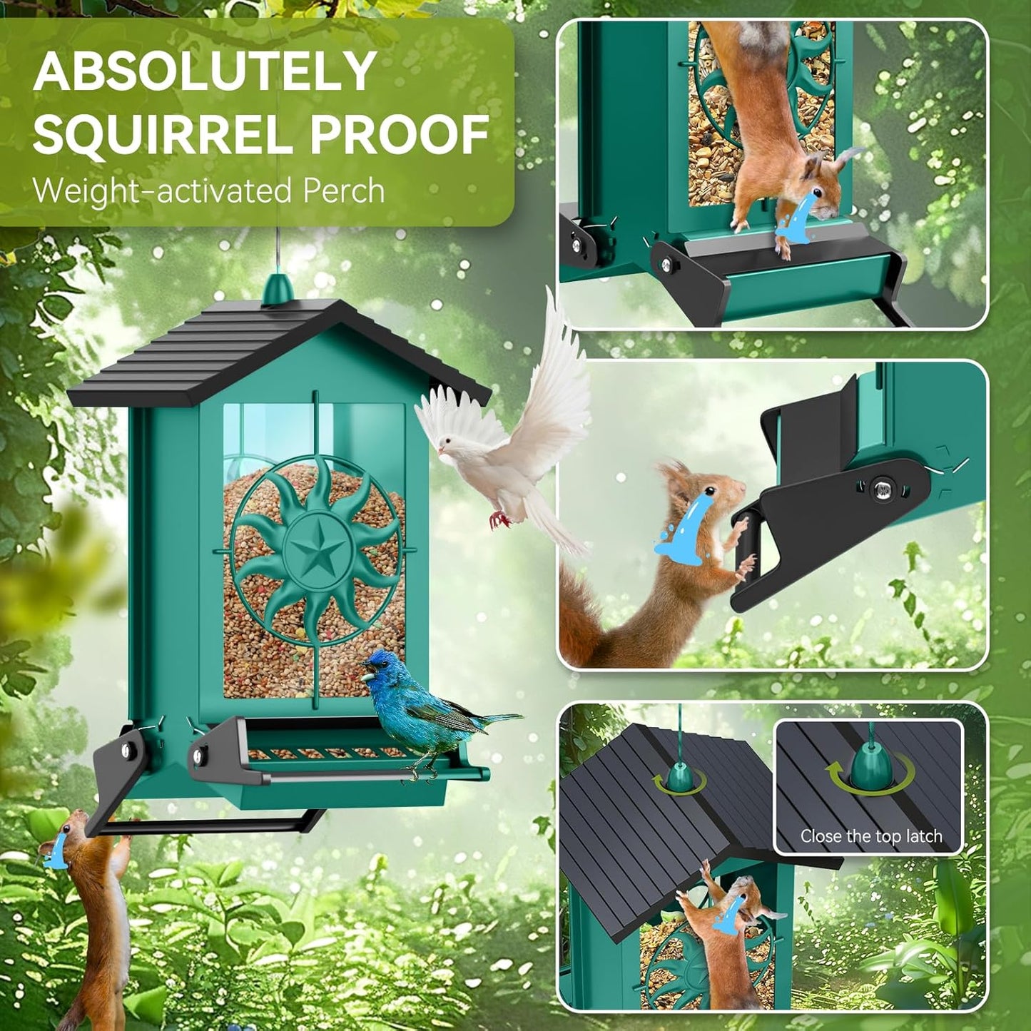 Metal Squirrel Proof Bird Feeders for Outdoors With Weight-Activated, 5LB Large Wild Bird Feeders for Cardinals,Blue jay,Finch, Weatherproof Durable Hanging Bird Feeder for Backyard,Garden,Patio-Green