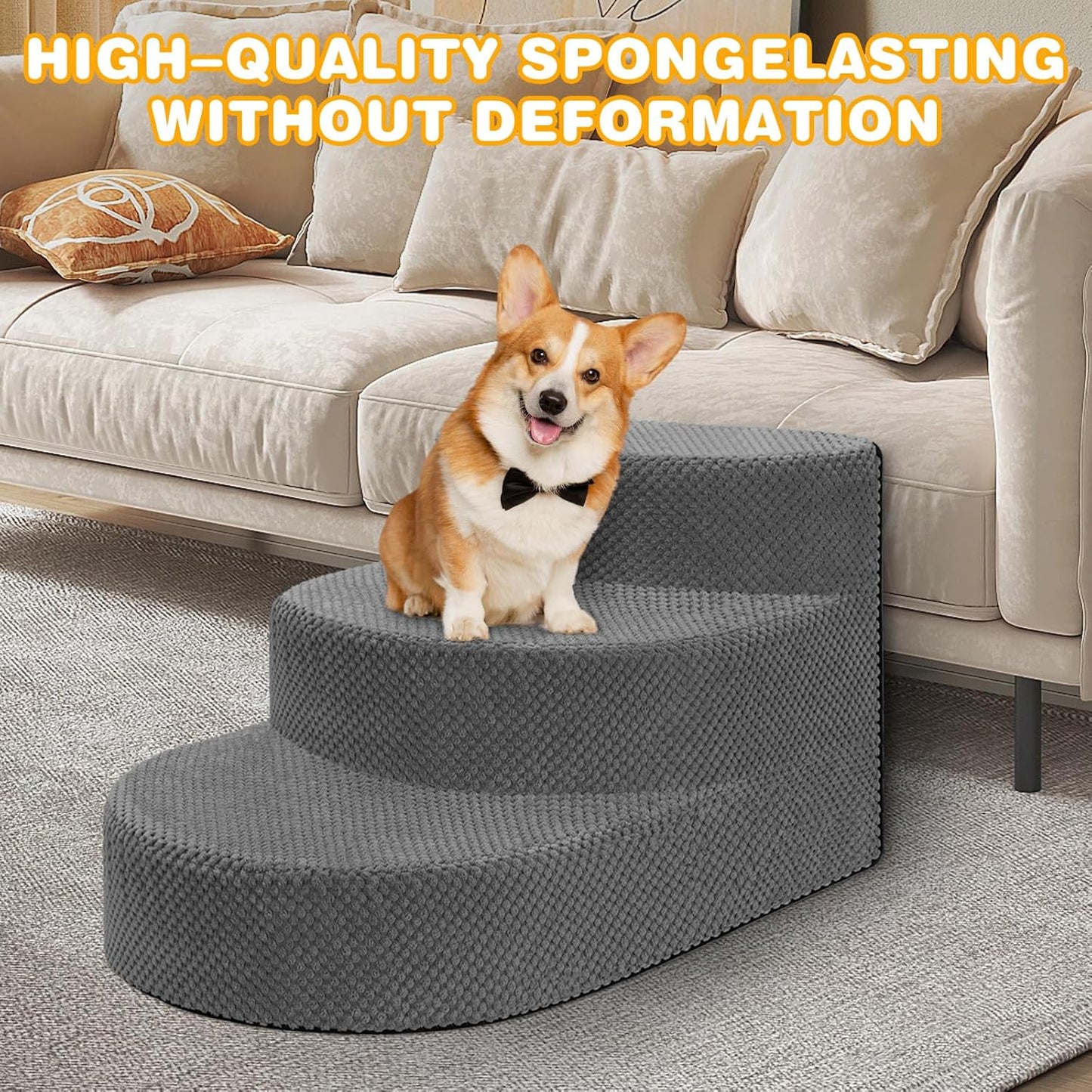Dog Stairs for Small Dogs, Foam Steps for Small Dogs & Cats, 3 Steps Dog Ramp for High Beds, Couch, Window, Sofa, Pet Stairs with Removable Washable Cover, Non-Slip Sturdy Pet Steps, Grey