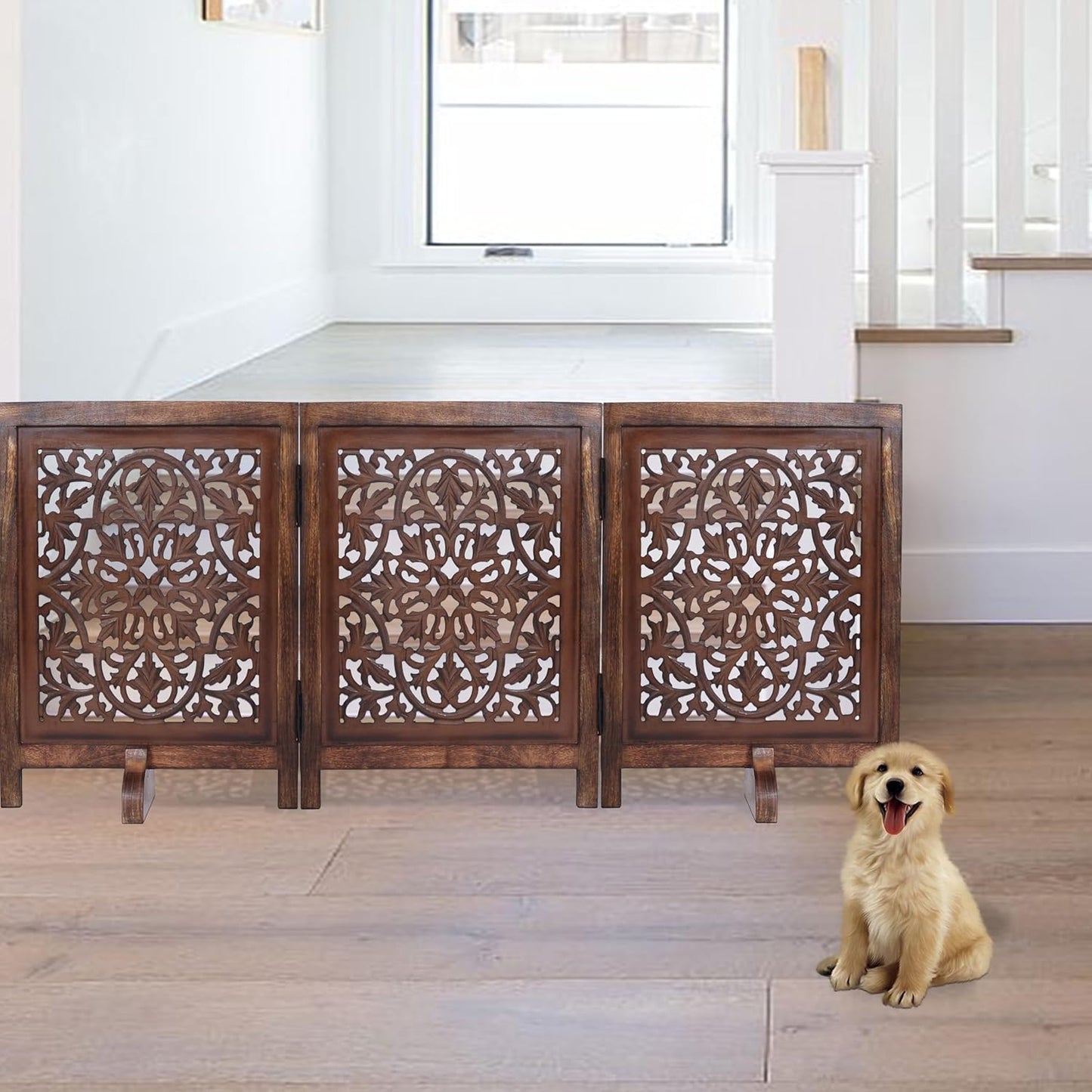 Dog Gate Indoor, Free Standing Folding Wooden Dog Gate for Doorway, Hallway or Stairs, Decorative 3 Panel Wood Pet Fence, 60x24 Inch Pet Gate, Natural Burnt Daisy Design
