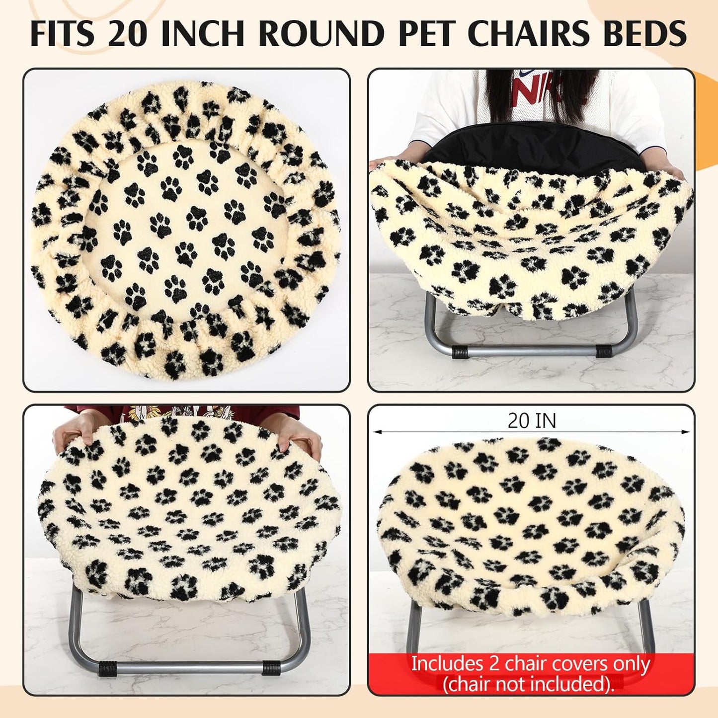 2 Pcs Replacement Cover for 20 Inch Pet Chair Bed Cooling Fabric Summer and Plush Paw Print Winter Washable Seasonal Protector for Round Moon Saucer Folding Cat Dog Nest