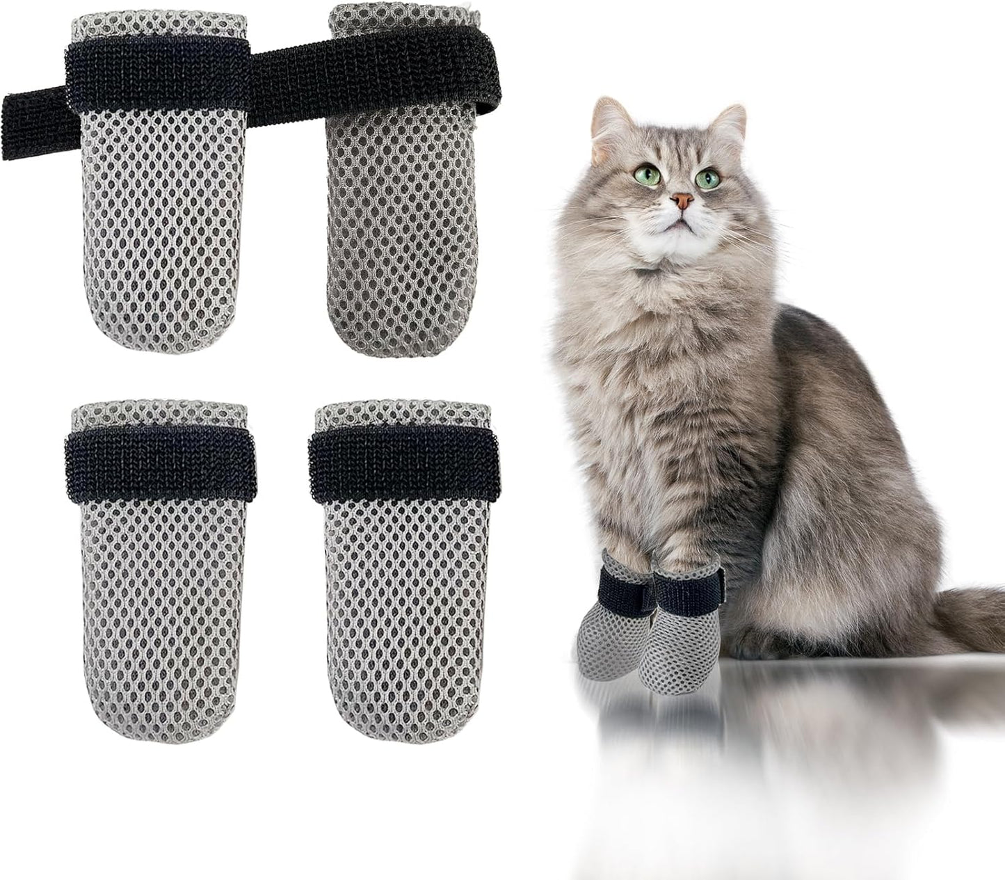 4Pcs Cat Scratch Cover for Nursing Rehabilitation Cat Boots Adjustable Pet Bath Gloves，Anti-Scratch Pet Grooming Booties for Bathing (Grey)