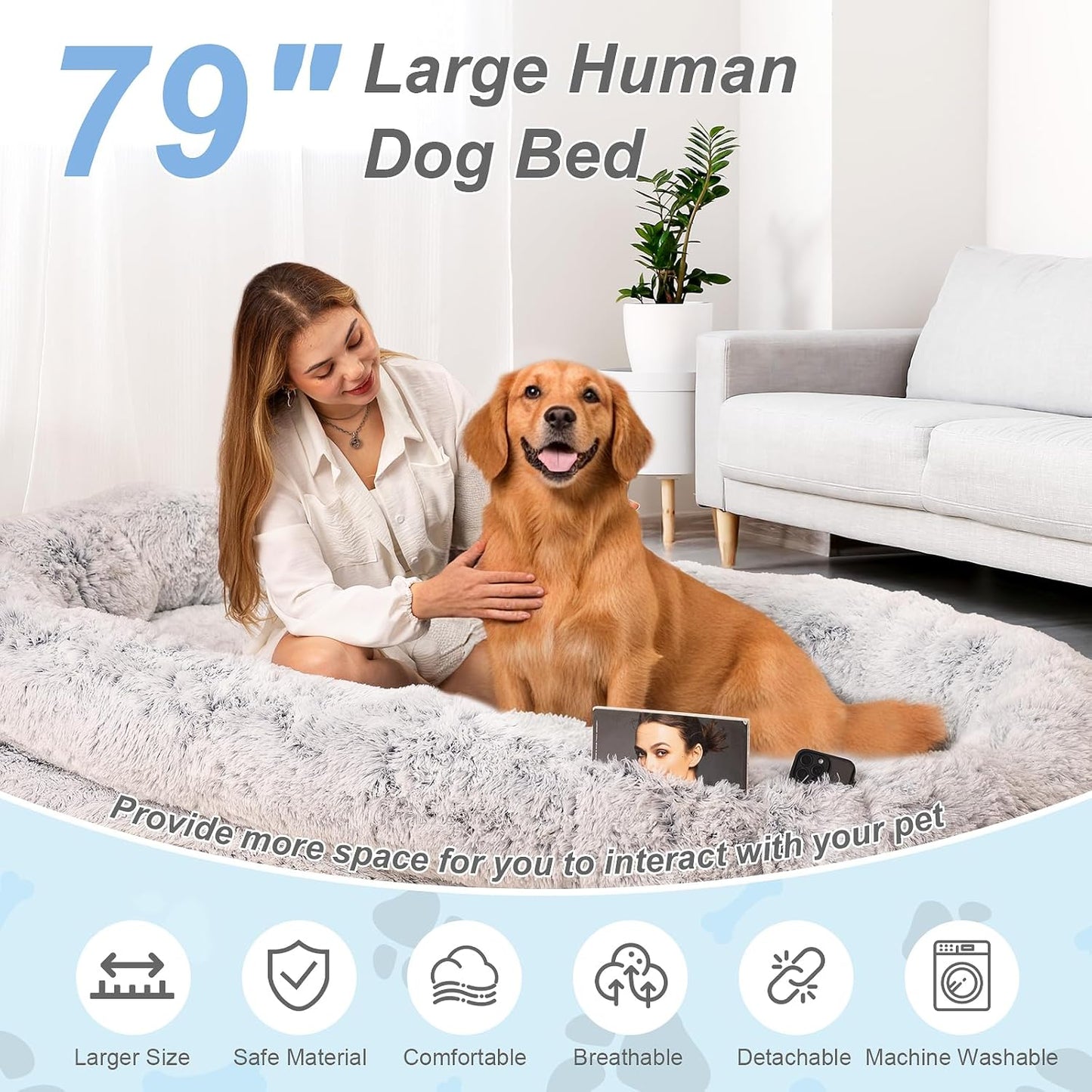 Human Dog Bed XL 79"x44"x12.5" - Shared Orthopedic Dog Bed for Adults & Pets, Large Size Faux Fur Pet Bed, Removable Washable Cover, Light Grey