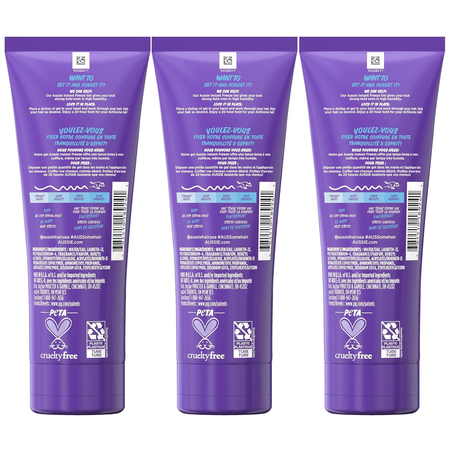 Aussie Instant Freeze Sculpting Hair Gel, Maximum Hold, No Flaking, Long-Lasting, with Jojoba Oil, Sea Kelp, Australian Aloe, Frizz Control, Citrus Floral Scent, 7 Fl Oz Triple Pack