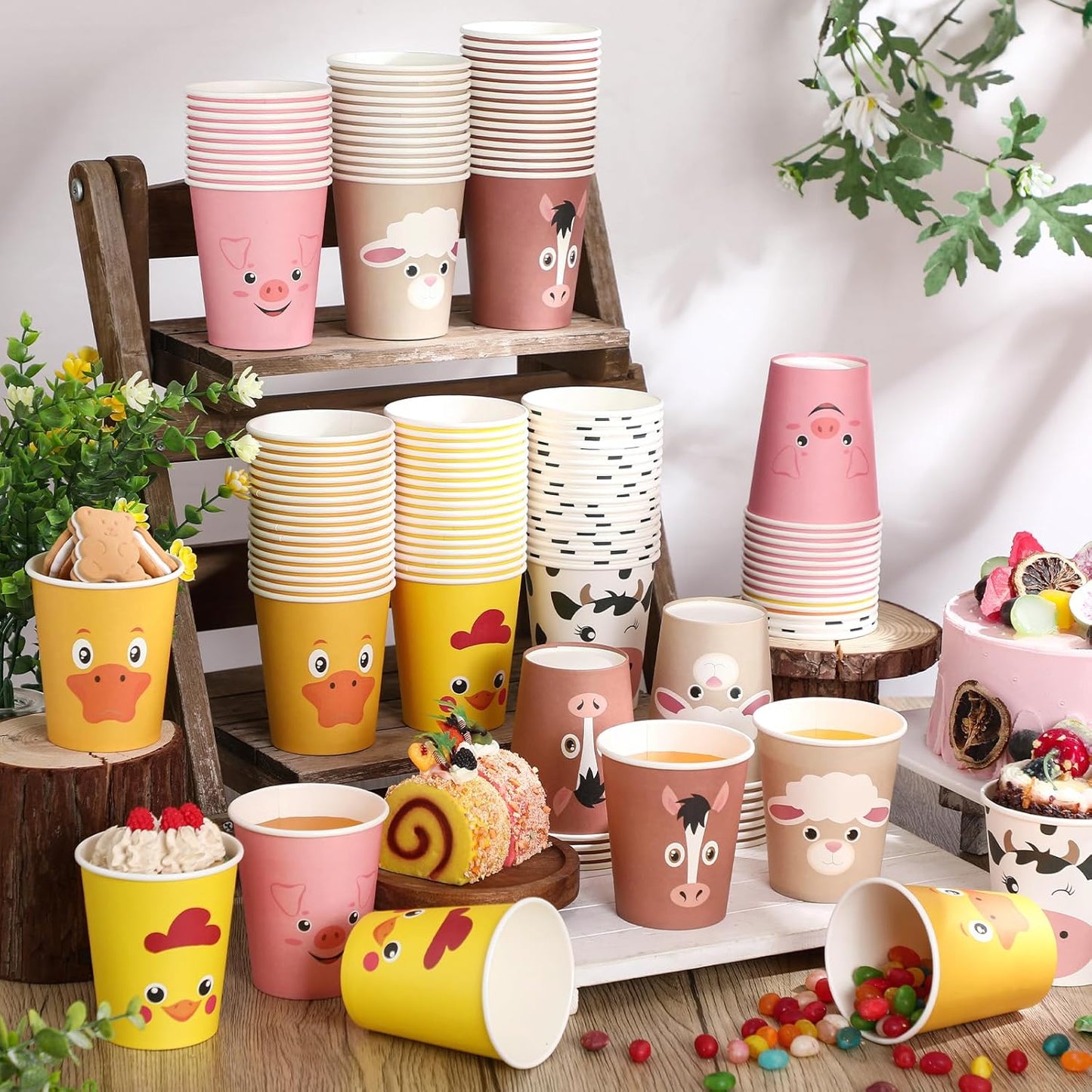 Maxcheck 120 Count Farm Animal Birthday Decoration Cups 9 oz Disposable Paper Cups Cute Drink Pig Sheep Chicken Duck Horse Cow Farm Theme Birthday Party Supplies