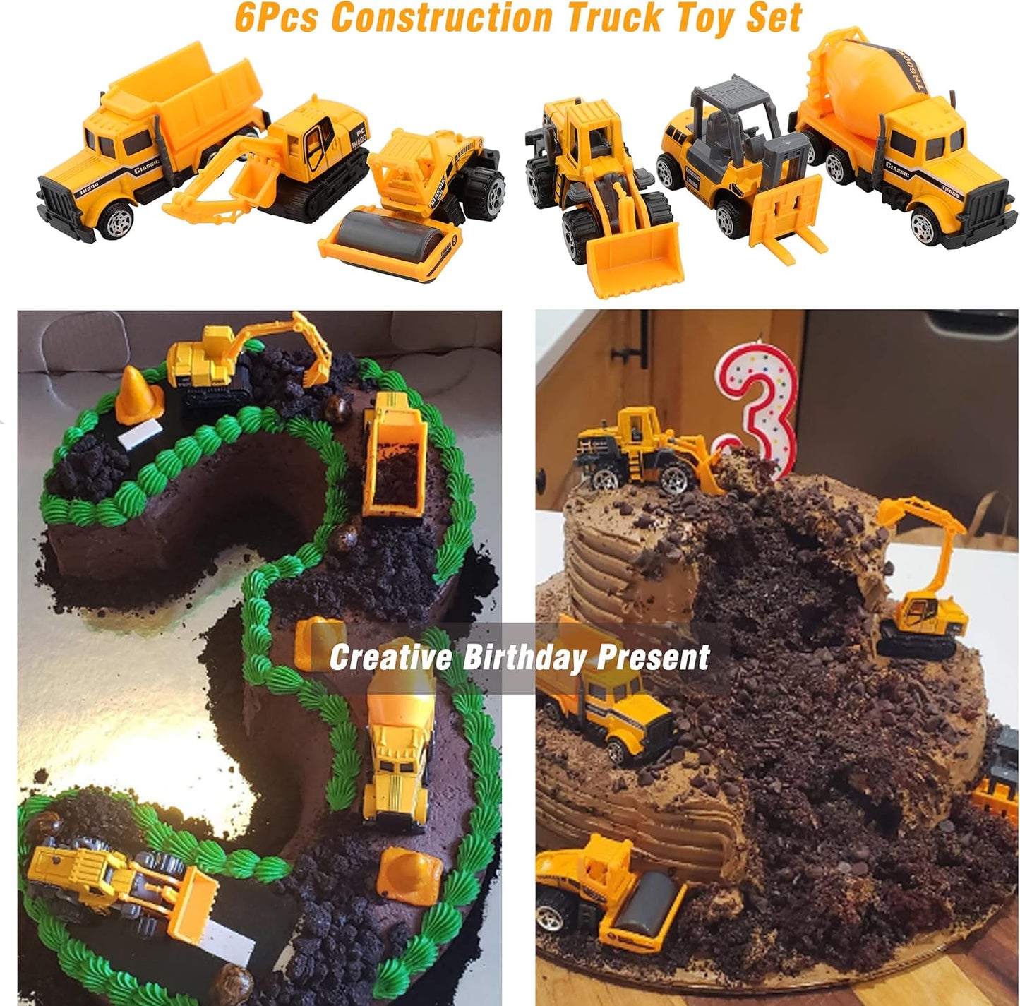 BenRich 6Pcs Mini Die Cast Car 1/64 Scale Alloy Construction Truck Vehicle Model Toy Set - Dump, Excavator, Forklift, Road Roller, Bulldozer, Mixer - Toy Cars for Kids Boys Girls Birthday Xmas Present