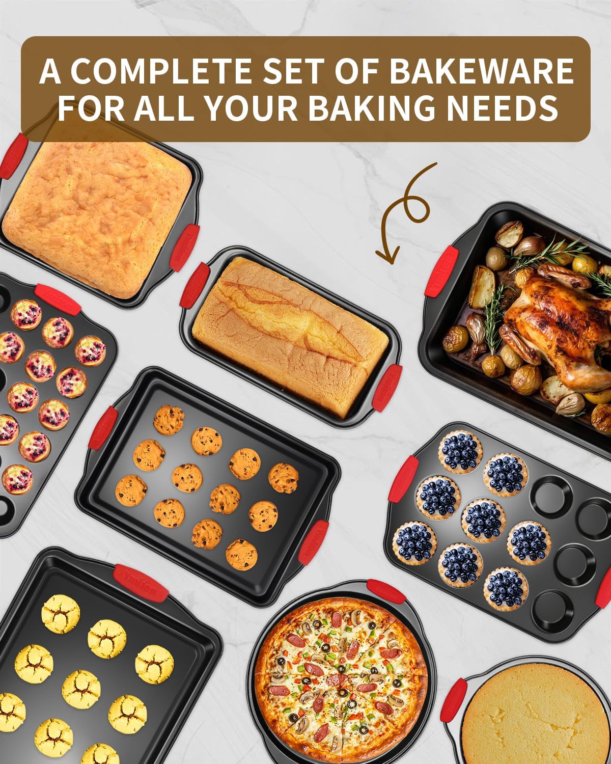 Baking Pans Set with Silicone Handles, 34 PCS Nonstick Bakeware Sets, Oven Pan Set Includes Baking Tray, Cookie Sheet, Cake Pans, Loaf Pan, Muffin Pan, Pizza Pan