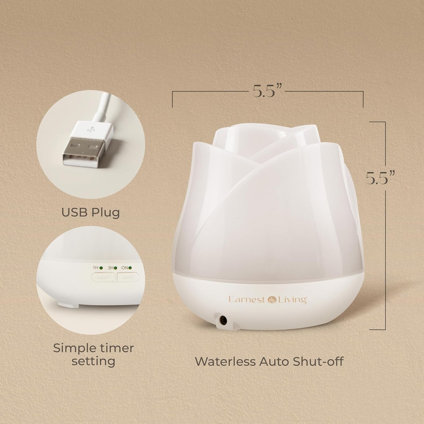 Earnest Living Rose Essential Oil Diffuser 150ml – Mini Ultrasonic Aromatherapy Humidifier for Bedroom & Desk, Quiet Mist, USB Powered, 7-Color Night Light, Valentine's Gift for Women – Solid White