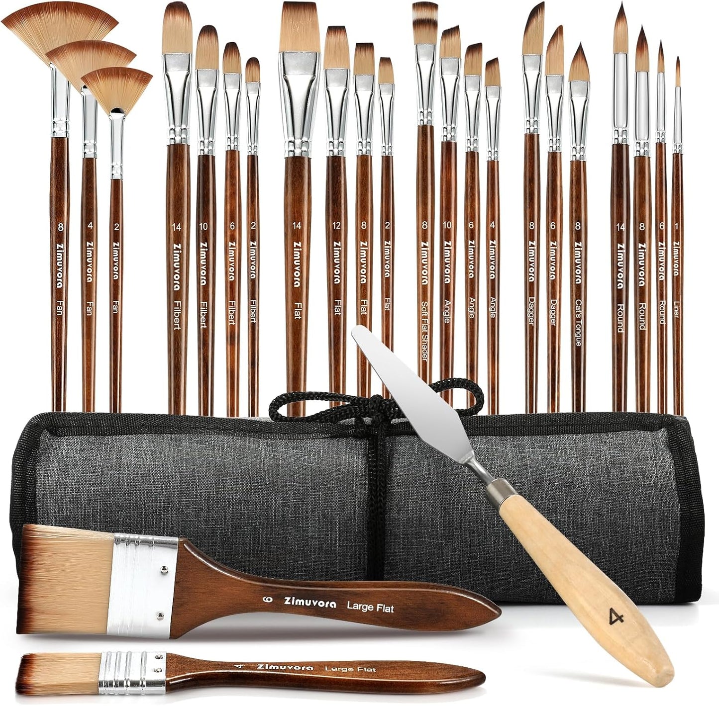 25pcs Paint Brush Set, Professional Paint Brush Set with Cloth Roll and Paint Spatula, Nylon Brushes for Acrylic Painting,Watercolor,Oil,Gouache, Art Supplies for Beginners and Artists (Wood)