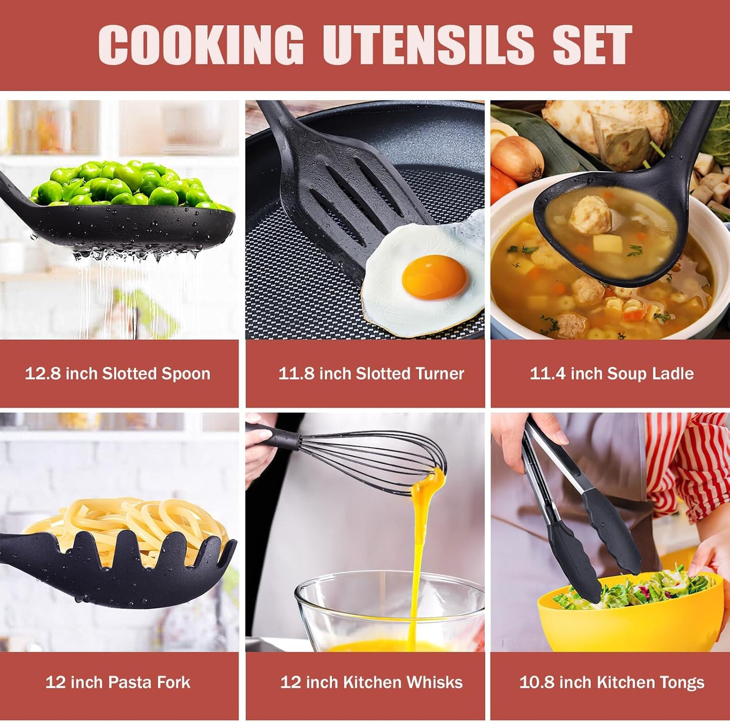RAXCO Kitchen Utensils Set For Cooking-7 Cooking Utensils,5 Kitchen Utensils,6 Knife set,utensilios de cocina(18-in-1) (Black)