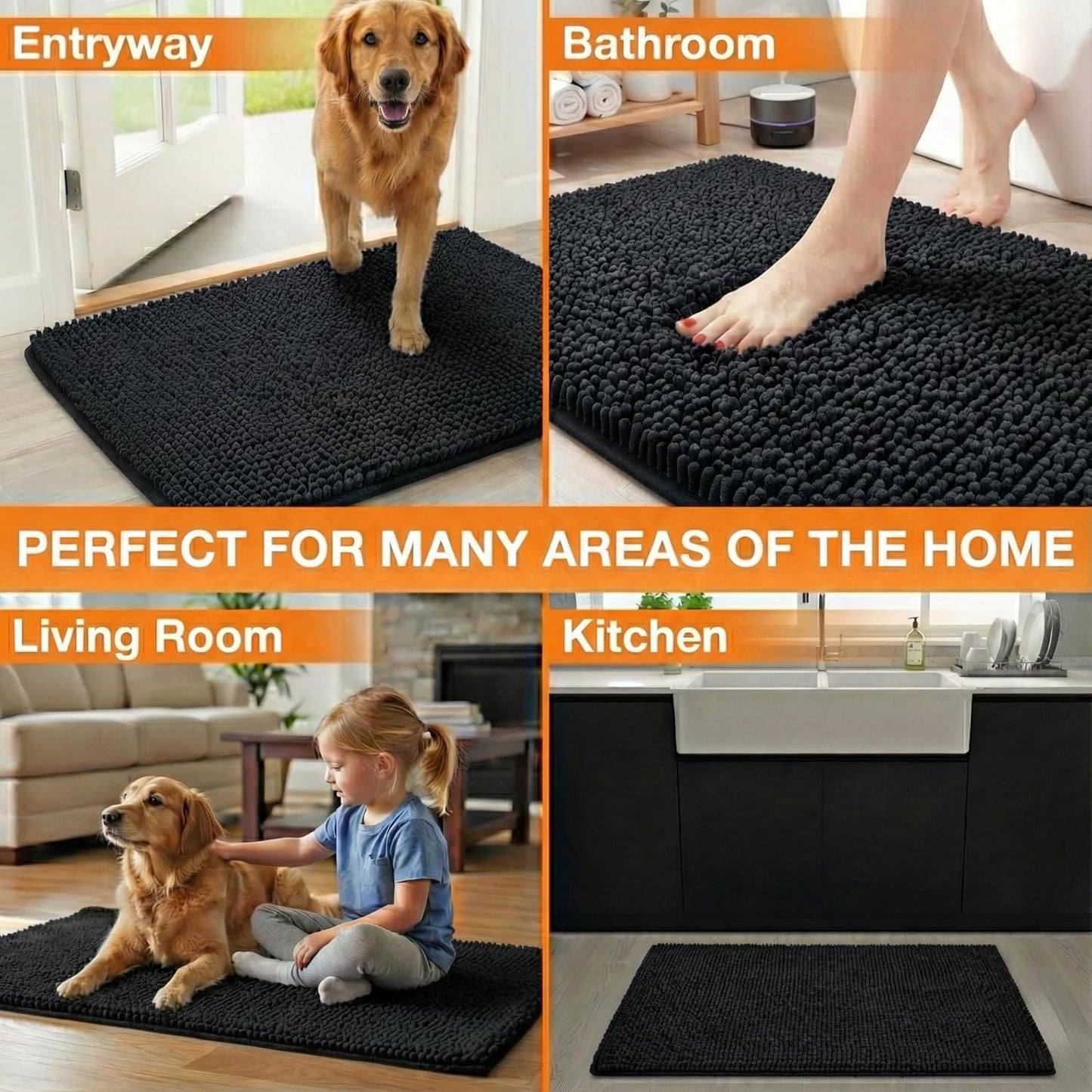 Neater Pets Muddy Paws Dog Door Mat 24” x 17” – Super Absorbent & Quick-Dry Chenille Doormat for Trapping Dirt, Water, Mud - Non-Slip & Machine Washable Pet Rugs for Entryway, Indoor Mud Mats, Black