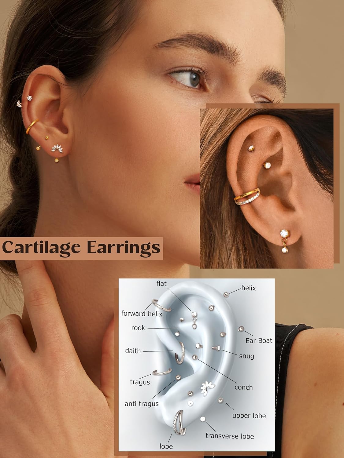ORAZIO 16g Rook Piercing Jewelry Surgical Steel Vertical Labret Lip Jewelry Gold Eyebrow Piercing Rook Daith Earrings for Women Cartilage Curved Barbell Daith Tragus Piercing Jewelry 14Pcs
