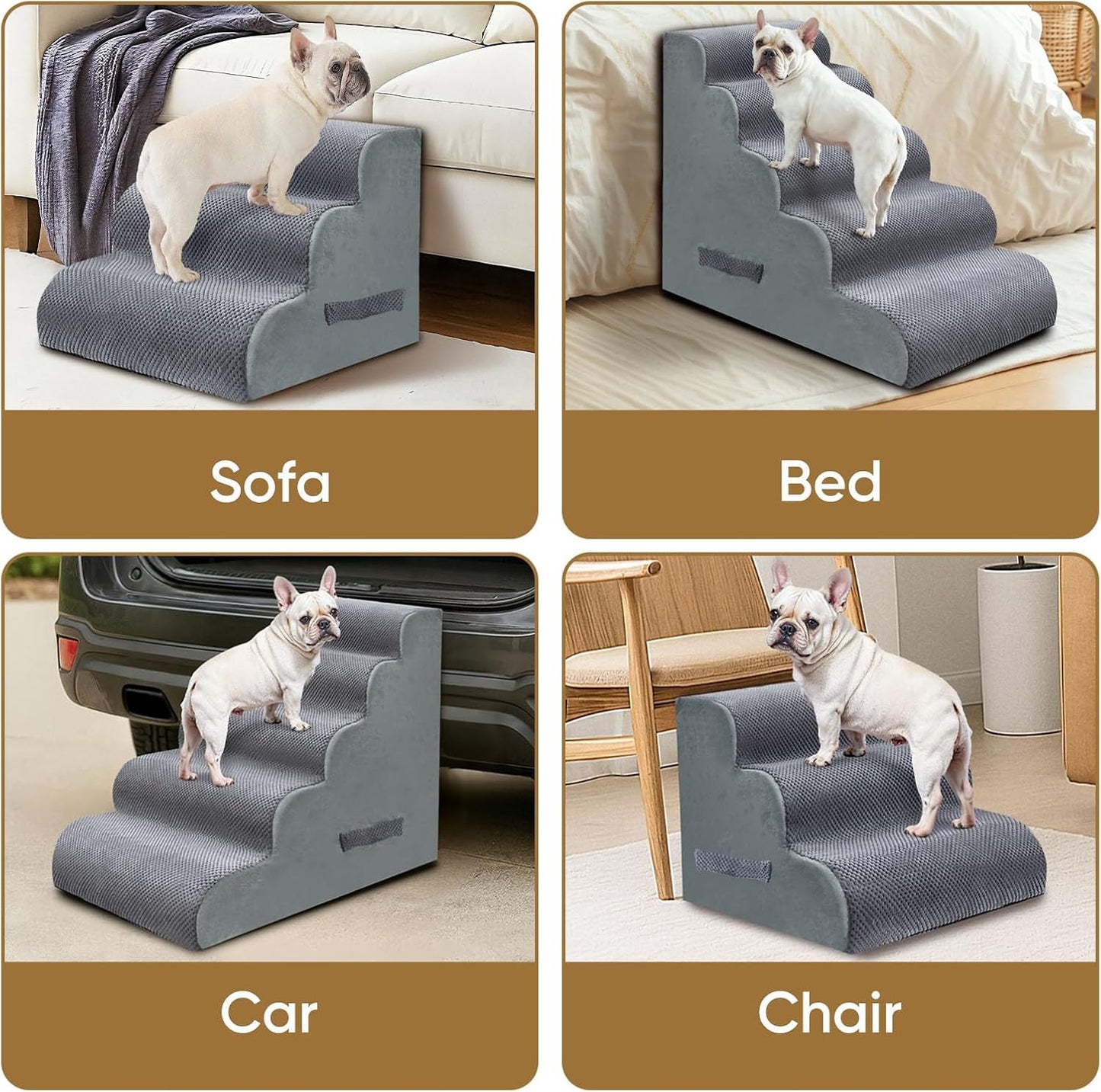 PAWSCART Pet Stairs for Dogs 4-Step, 19.6" H Pet Stairs for High Bed, Couch Sofa & Chair, 30D Material Soft Foam Dog Steps with Non-Slip Bottom Surface Removable Washable Cover, Grey