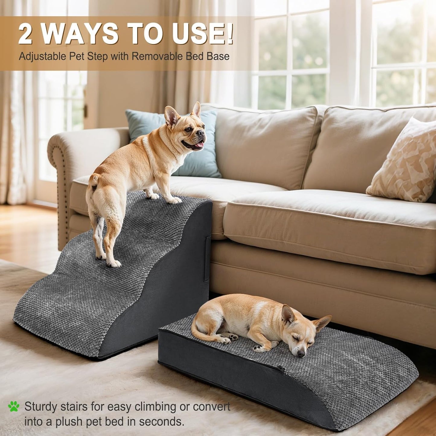 Dog Stairs for Small Dogs, Puppy, Older Cat, High Density Foam Pet Ramp for Sofa, Couch and Bed, 2-in-1 Convertible Dog Steps(3-Step & 4-Step)