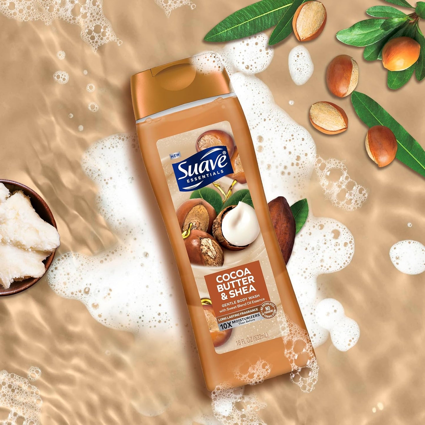 Suave Moisturizing Body Wash, Cocoa Butter and Shea with Vitamin E Extract, No Parabens, No Phtahaltes, 18 Oz Pack of 6