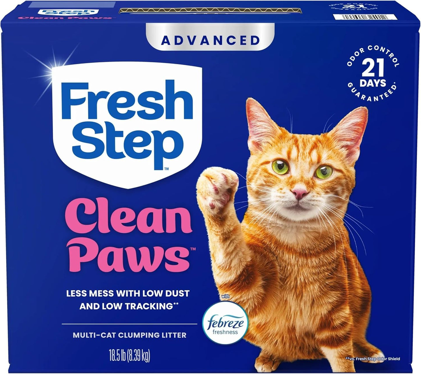 Fresh Step Advanced Clean Paws Multi Cat Clumping Cat Litter with Febreze Freshness, Low Dust, Odor Control with Ammonia Block Tech, Compatible in Automatic Litter Boxes, 37 lbs. (2 x 18.5 lb.)