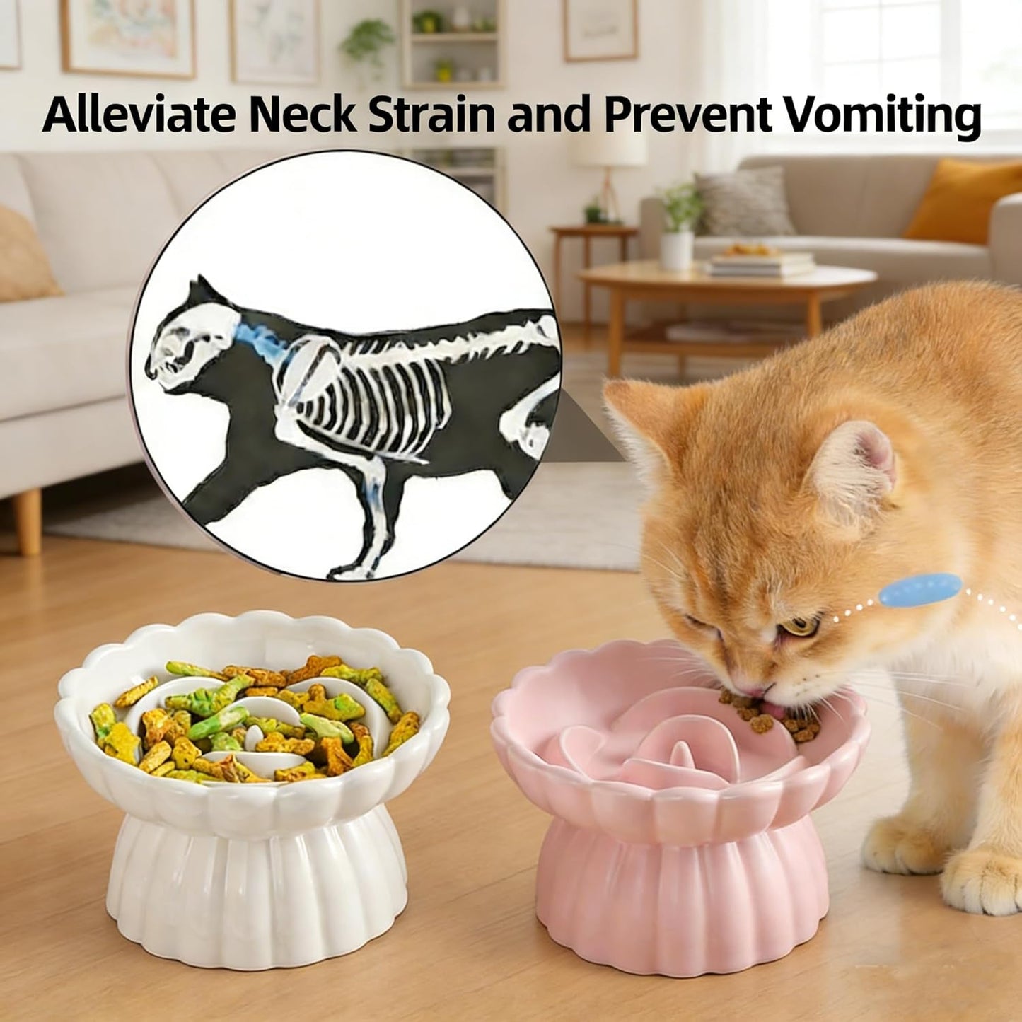 Ceramic Raised Cat Slow Feeder Bowls Whisker Friendly Anti Vomiting Cat Slow Eating Food Bowl for Cats Puppy Dogs Neck Support Plates (White)