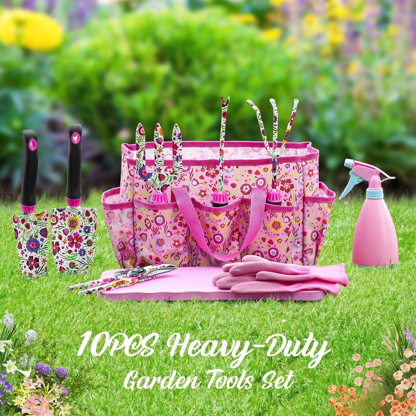 Housolution Gardening Tools Set, 10 PCS Stainless Steel Heavy-Duty with Non-slip Soft Rubber Handle with Large Garden Bag, Floral Pattern Gardening Tool Set Gifts for Women Birthday Mother's Day, Pink