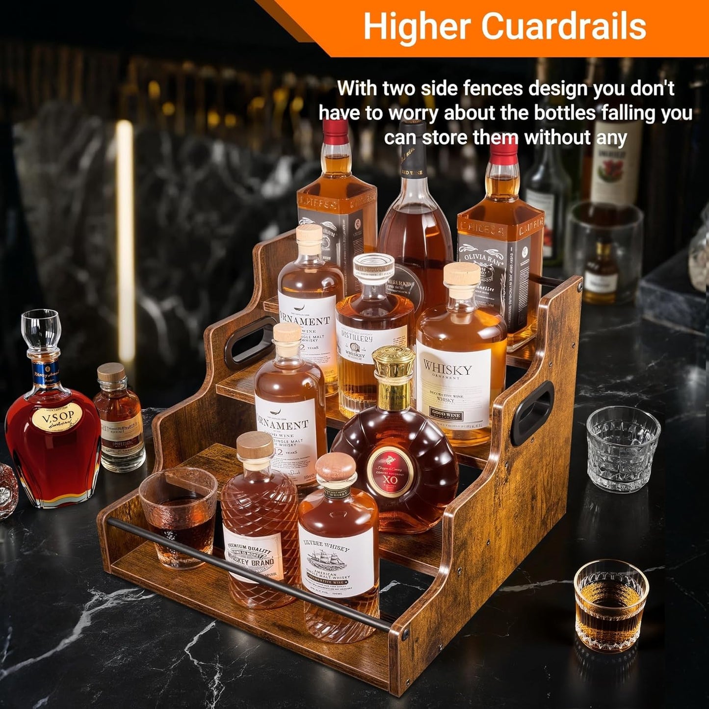 4-Tier Tiered Liquor Bottle Display Shelf - 16-Inch Rustic Wood Liquor Rack & Coffee Syrup Organizer - Heavy-Duty Countertop Spice Rack with Guardrails & Handles for Bar, Kitchen, Office