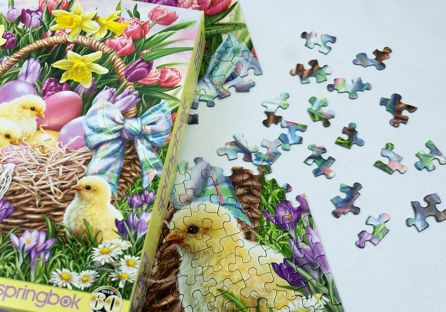 Springbok Basket Full of Spring 500 Piece Jigsaw Puzzle for Adults and Family - Easter Eggs and Chicks - Unique Cut Pieces - Made in USA