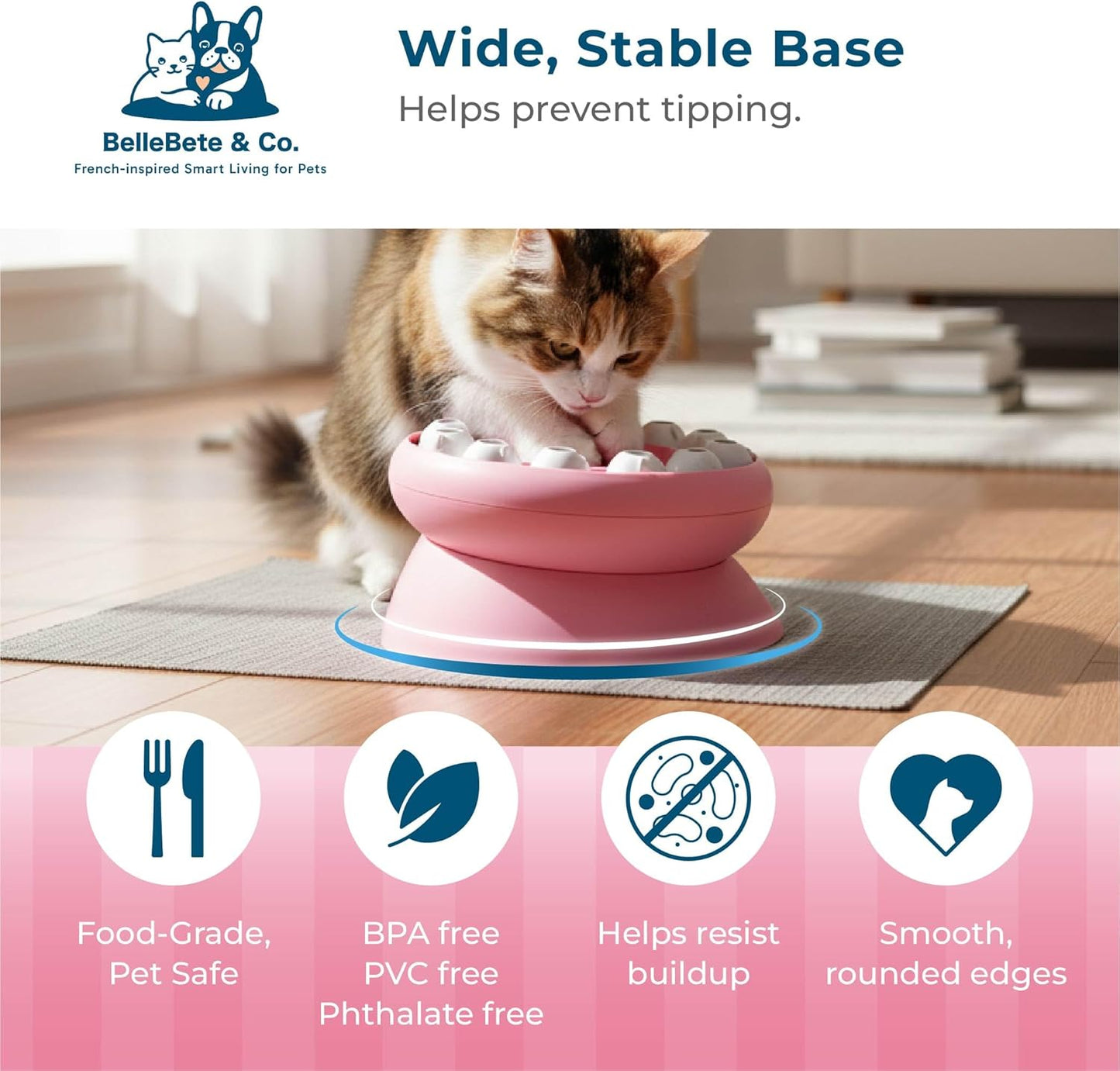 BelleBête & Co. 2-in-1 Elevated Cat Slow Feeder Bowl – 15° Tilted Interactive Puzzle Feeder with Rotate-to-Feed & Non-Slip Base, Anti-Gulping & Digestive Health for Indoor Cats | Pink