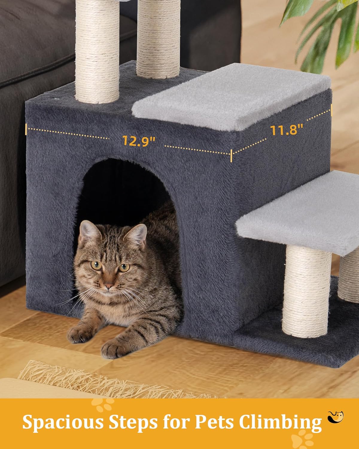 3-in-1 Pet Stairs for Cats, Dog Steps for Small Doggie Rabbits, 6.29''Depth Cat Stairs, Indoor Cat Ladders for High Bed for Pet's Joints, 1 Cat Condo Cave, Sisal Scratcher, Grey, Medium