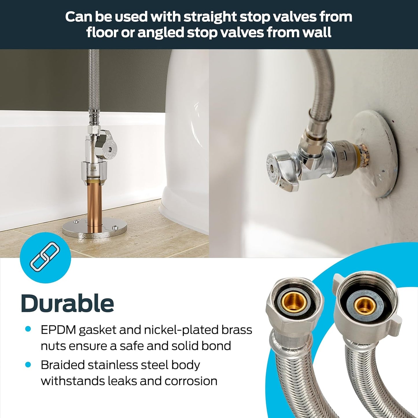 Eastman 16 Inch Steel-Flex Toilet Connector, Braided Stainless Steel Supply Line with 7/8 in Ballcock x 3/8 in Compression Ends, 48089