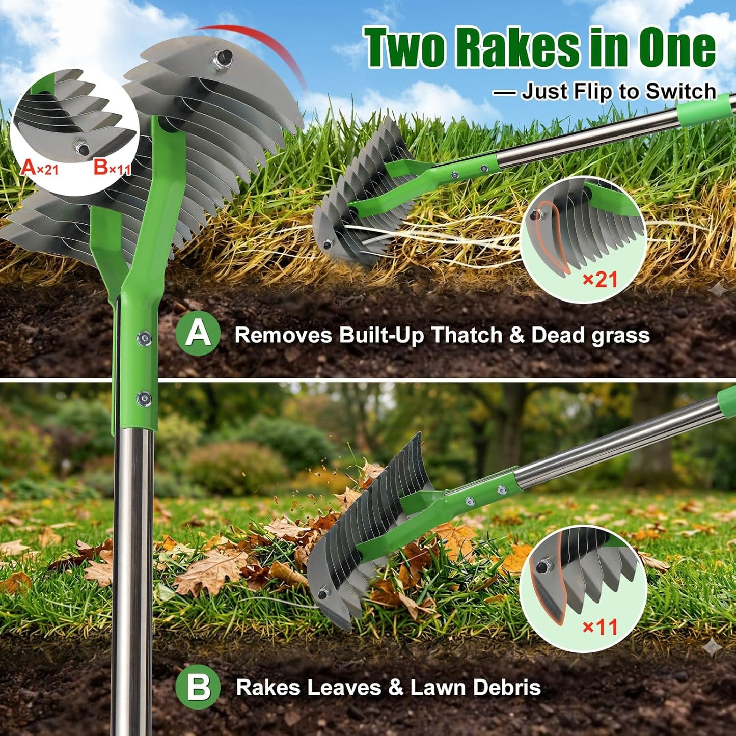 Thatch Rake for Lawn Care - 2-in-1 Manual Lawn Dethatcher & Scarifier Rake for Dead Grass,Moss Removal,Heavy Duty Thatching Dethatching Tool, 50'' Metal Adjustable Handle for Garden Yard Lawn