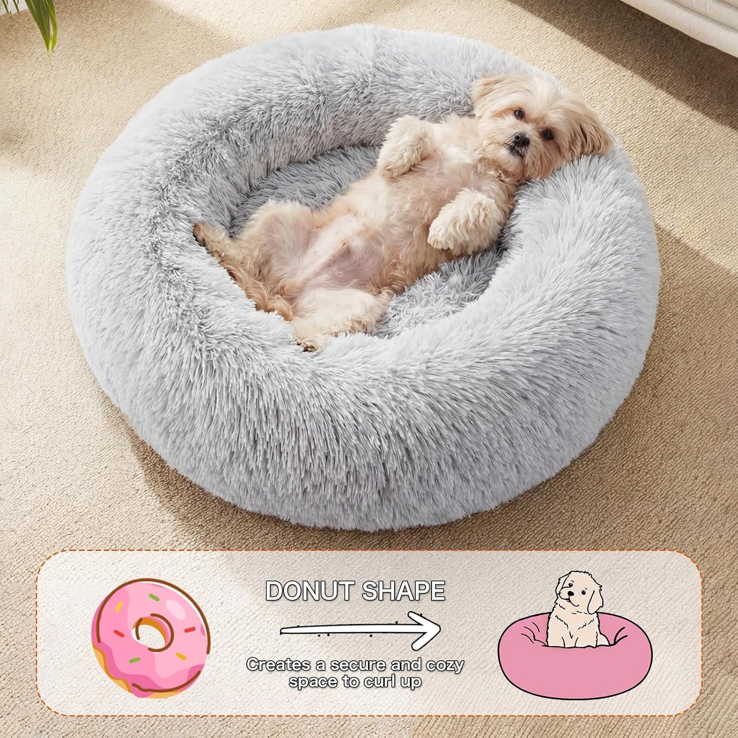 Calming Dog Bed, 20" x 20" x 6" Fits Cat & Dog, Anti-Slip Round Washable Faux Fur for Doze Off, Napping Orthopedic, Grey