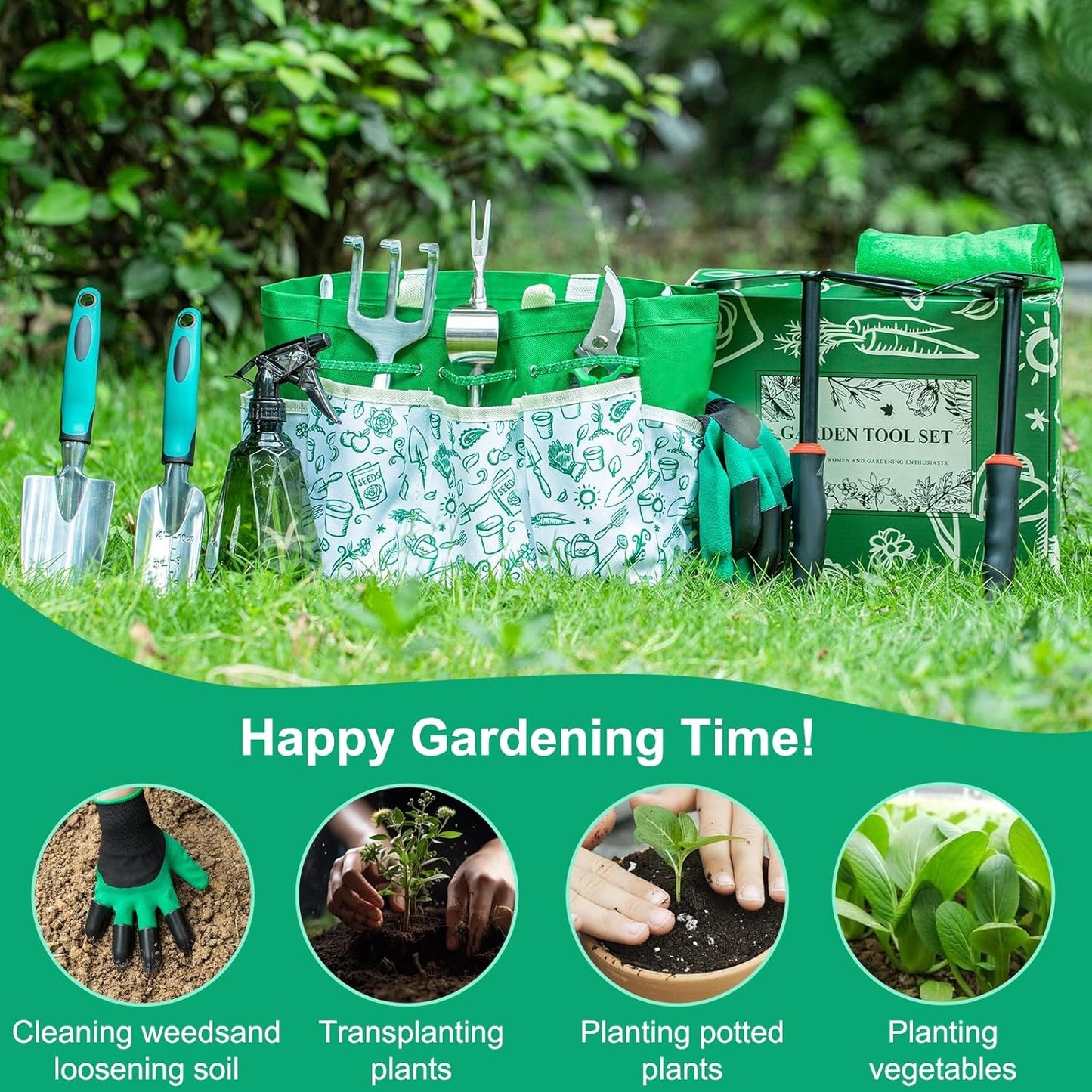 Garden Tool Set, 12-Piece Complete Stainless Steel Gardening Essentials, Heavy Duty Garden Tools with Large Storage Tote, Gardening Gifts for Women, Men, Mom & Dad Beginners Gardeners, Green