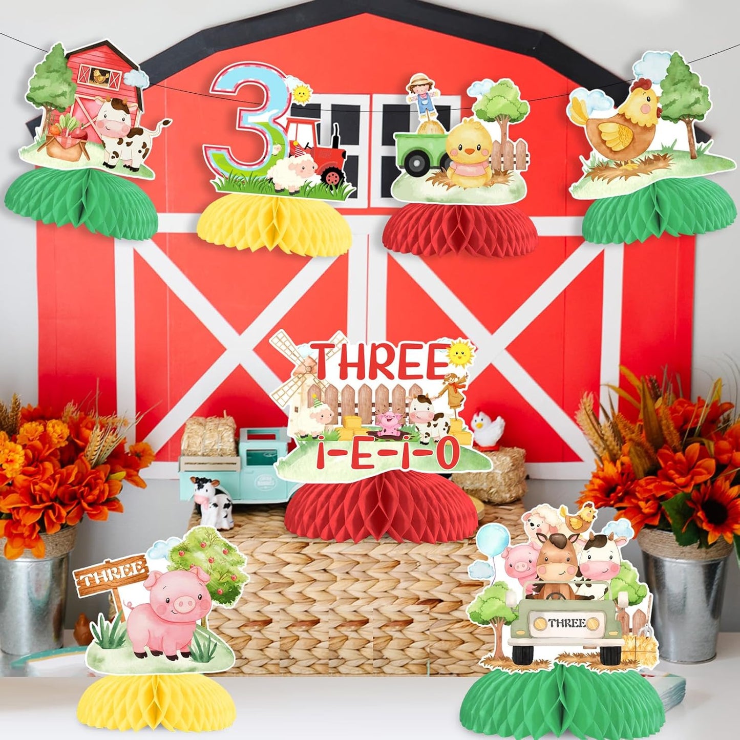 Farm Animal 3rd Birthday Decorations, 8PCS Three i e i o Farm Animal Table Decorations Honeycomb Centerpieces Farm Theme Table Toppers for Boys Girls 3rd Barnyard Birthday Party Supplies