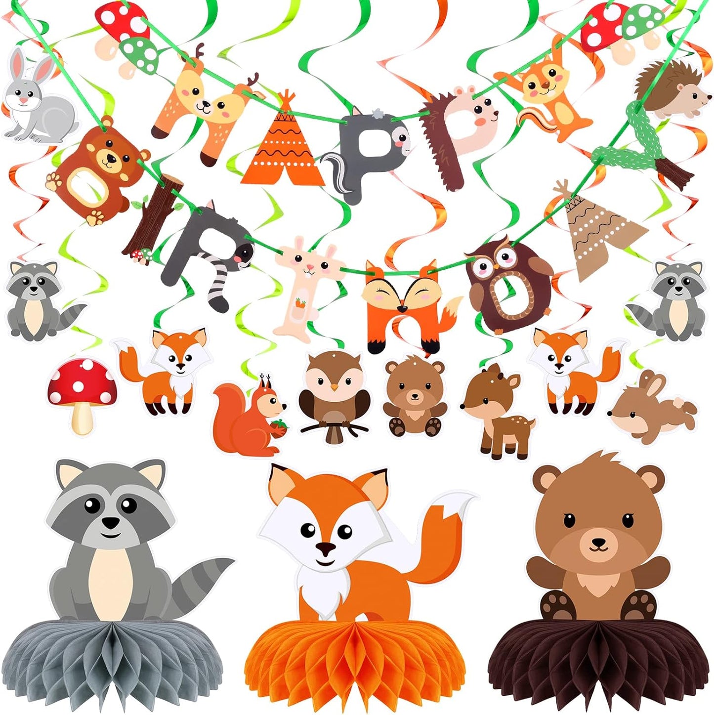 29 Pcs Woodland Party Supplies Animal Honeycomb Centerpieces Baby Shower Birthday Decorations Include Happy Birthday Banners Hanging Cards Swirl Ceiling Streamers for Forest Camping Party Supplies