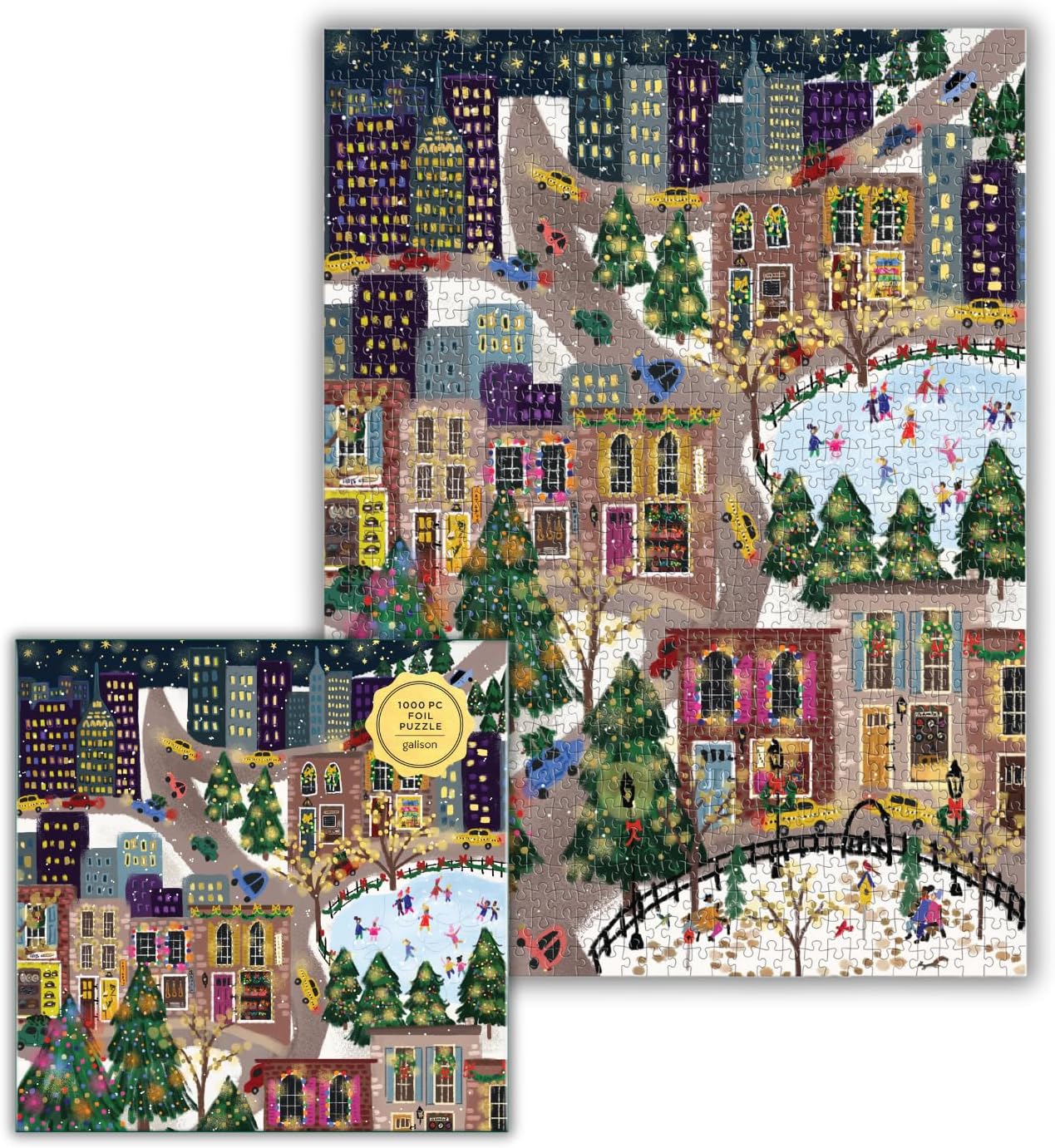 Galison Sparkling City – 1000 Piece Foil Puzzle with Illustrations of Colorful Merriments in The City with Gold Foil Accents