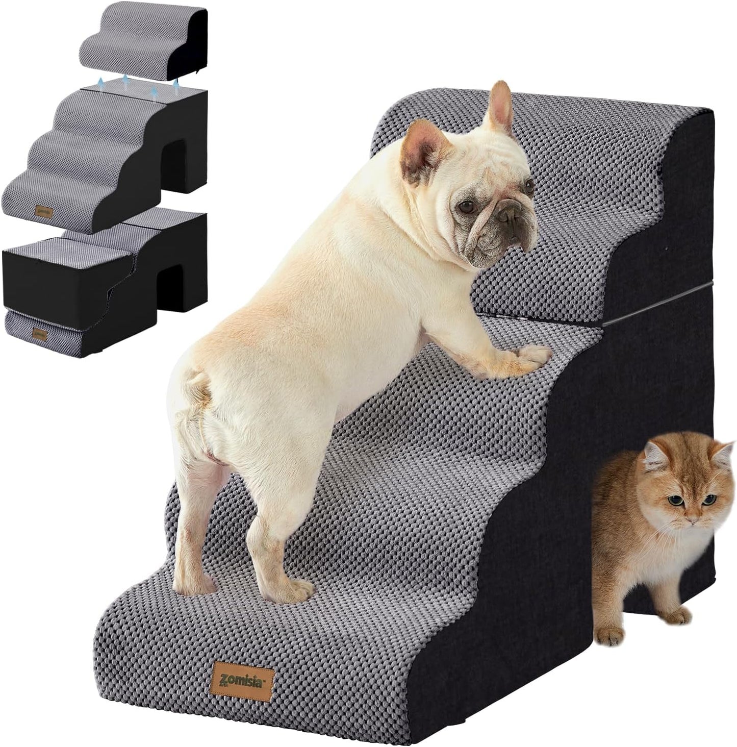 Dog Ramp for Large Dogs - 24" H 5 Steps Pet Stairs for High Bed with Tunnel 2 in 1 with Zippers Suitable, Indoor Cat Ladders with Non-Slip Bottom, Black